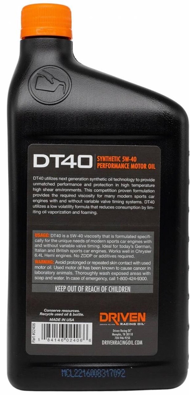 Driven DT40 Synthetic 5W-40 Performance Motor Oil 02406 – 1 Quart