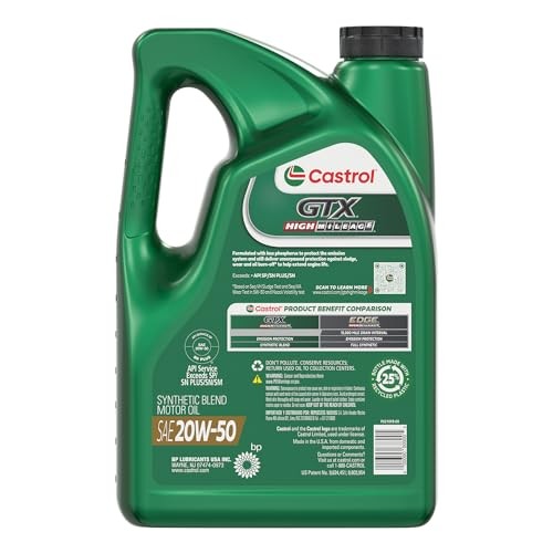 Castrol GTX High Mileage 20W-50 Synthetic Blend 5 Quarts, Pack of 3, Amber