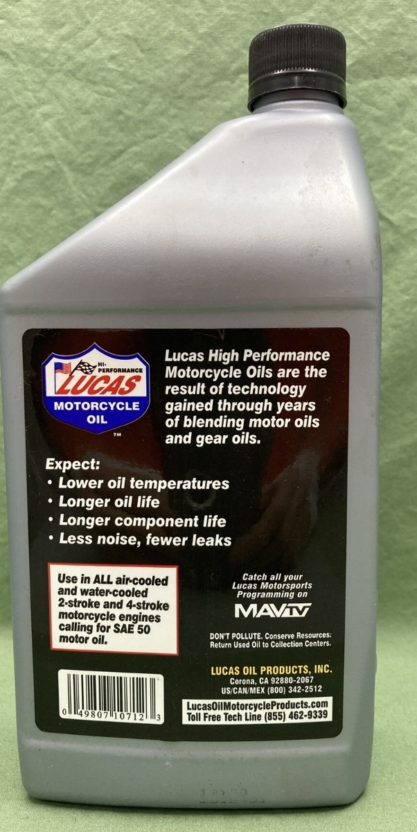 NEW Lucas Oil 10712 SAE 50 High Performance Motorcycle Oil 1 Quart