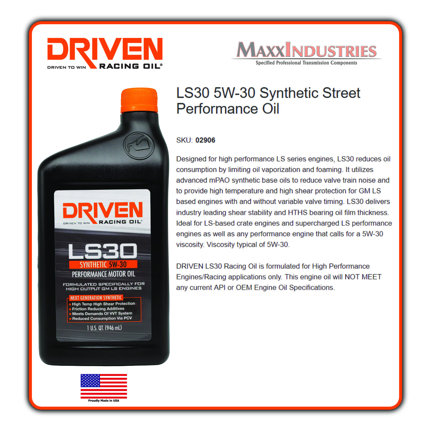 Driven Motor Oil -LS30 Racing Oil – High Zinc – 5W30 – Full Synthetic – 6 qt