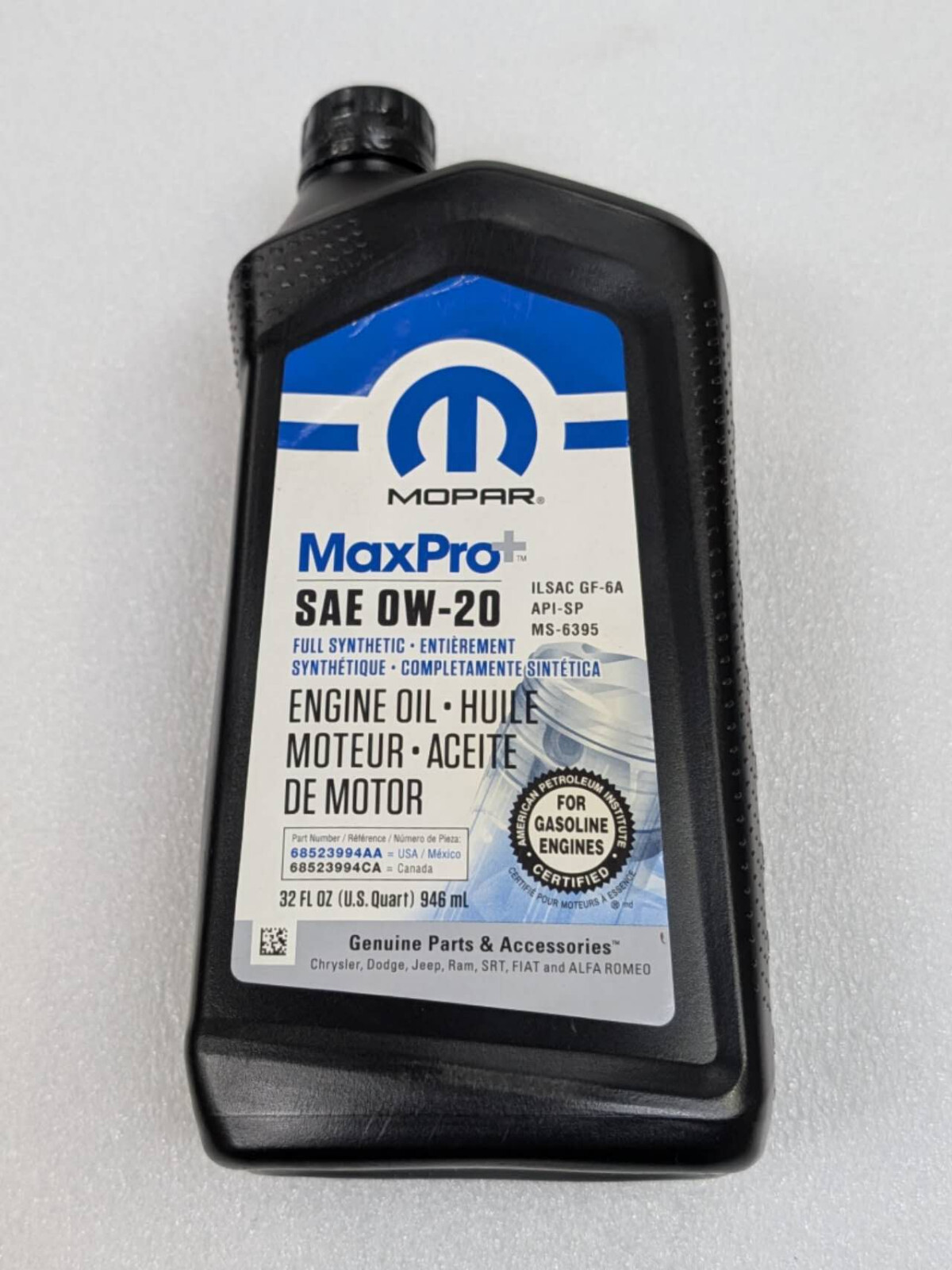 GENUINE OEM Mopar 0W-20 Synthetic Blend Engine Oil 1-Qt MULTIPACK 68523994AA