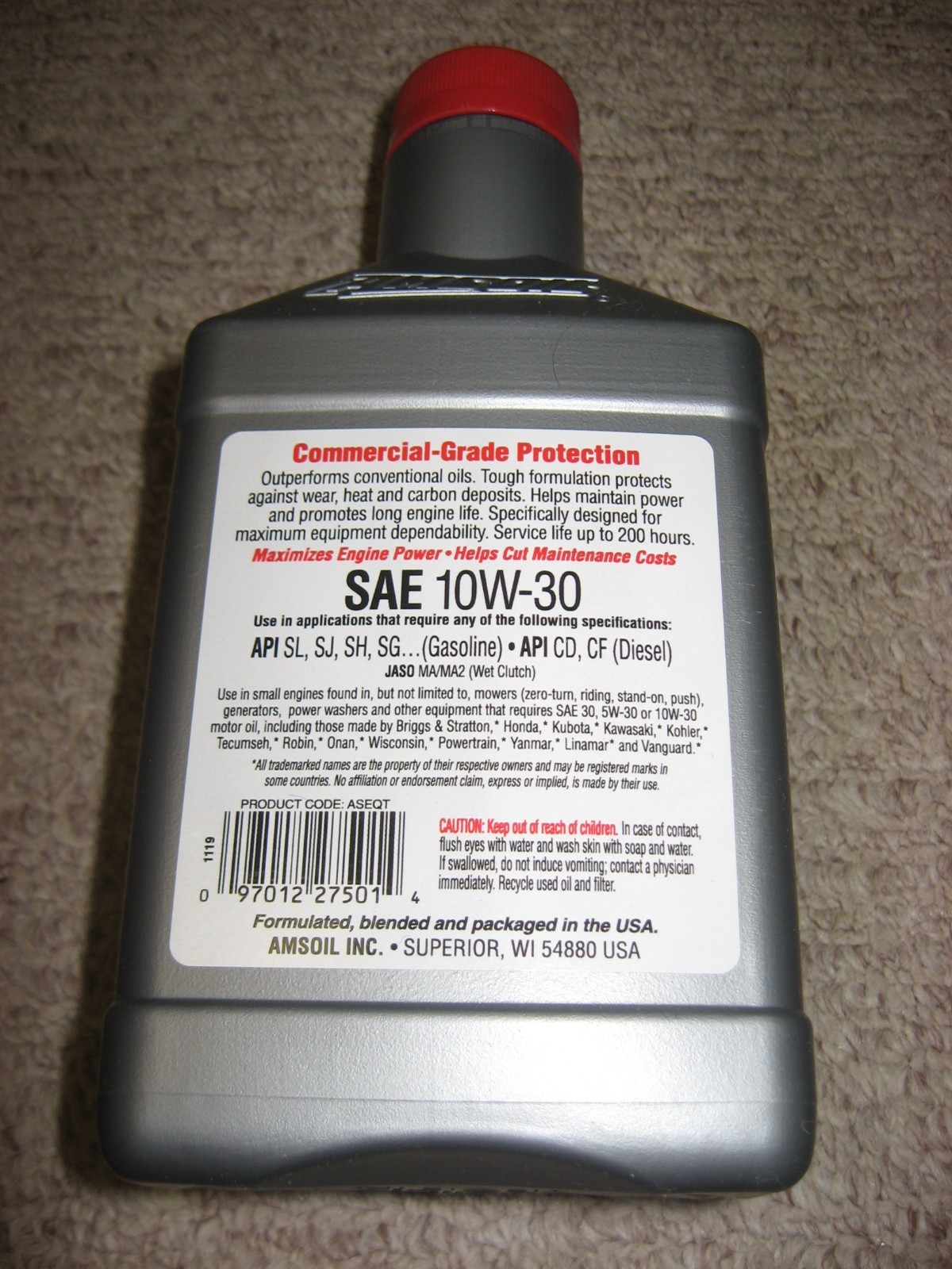 Amsoil Synthetic Small Engine Oil 10W-30 SAE Commercial-Grade 1 Quart ASEQT New