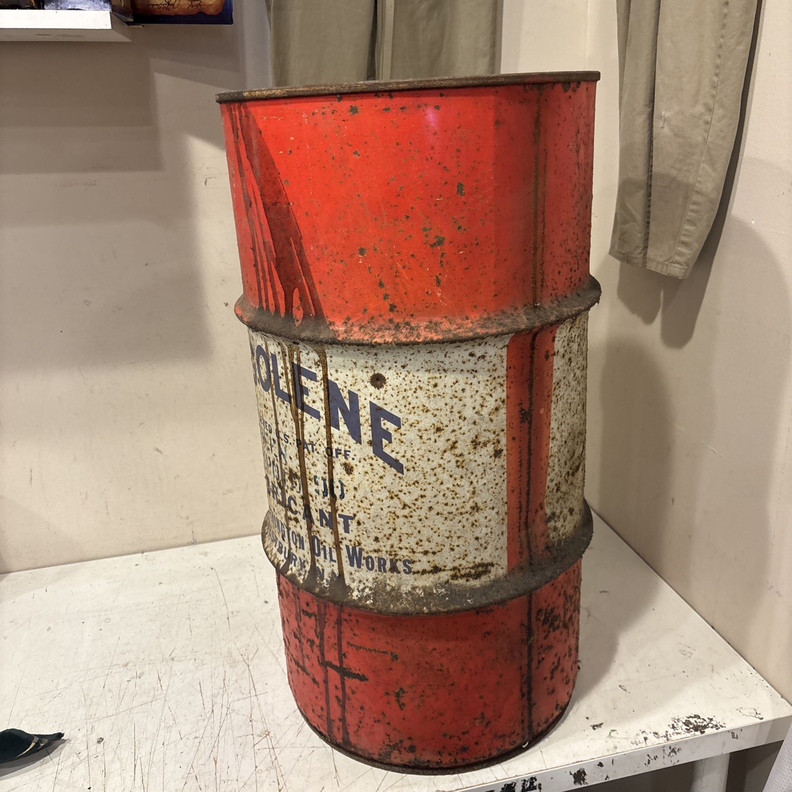 Vintage Large ARGOLENE ARGOMATIC Oil Lubricant Westbury NY Barrel Can 27” High
