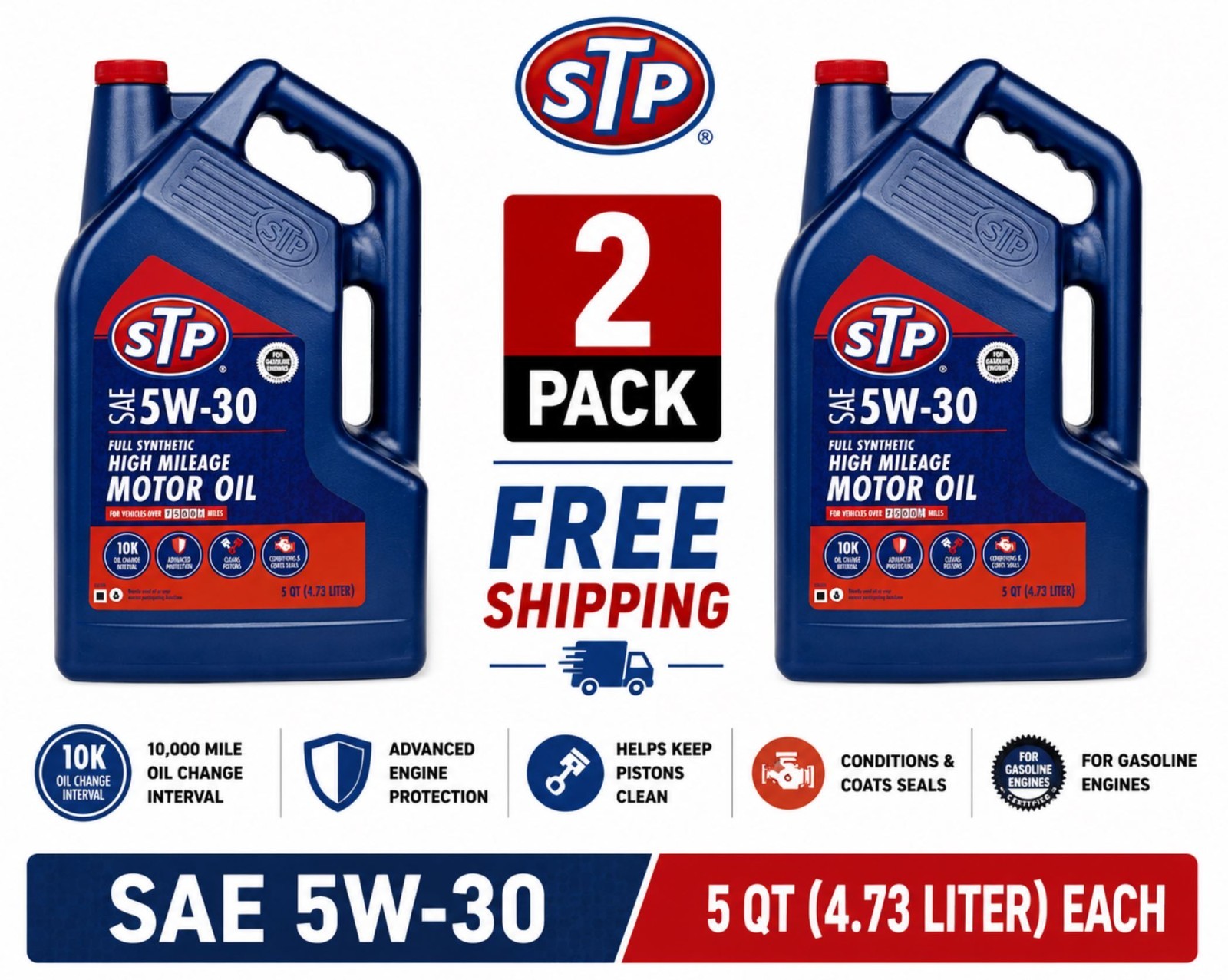 2 Pack STP High Mileage Full Synthetic 5W-30 Motor Oil 5 Quart STPSH5W305Q