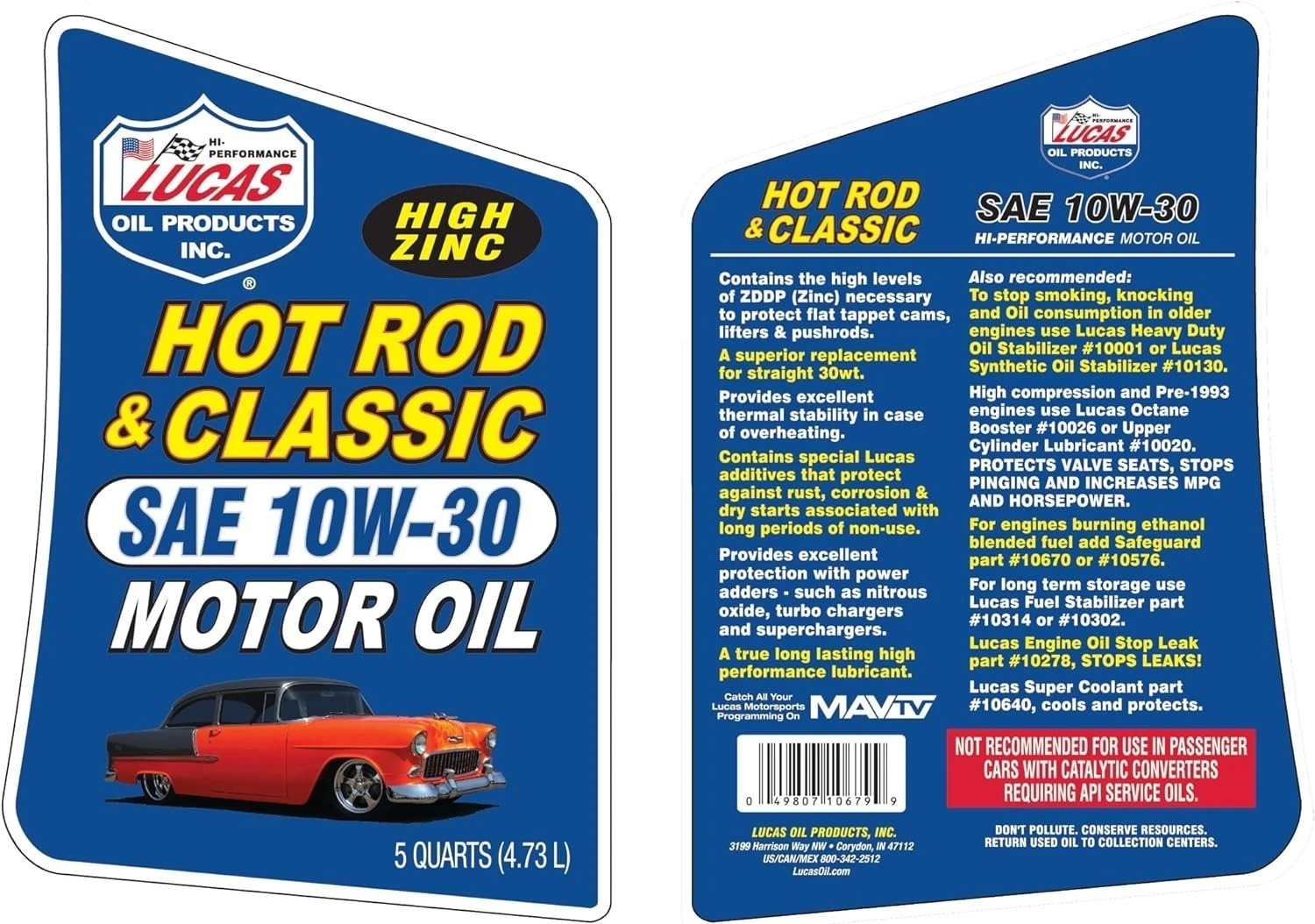 SAE 10W-30 Motor Oil – 5 Quart for Optimal Protection of Classic and Muscle Cars