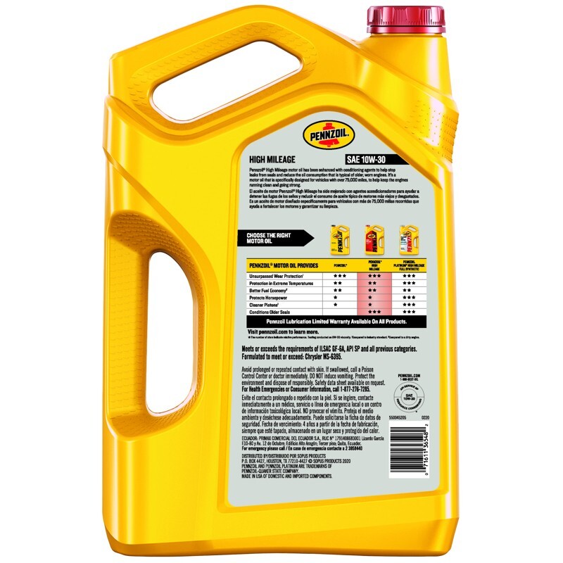 Pennzoil High Mileage SAE 10W-30 Motor Oil For Gasoline Engines 5 Quarts 1 pk