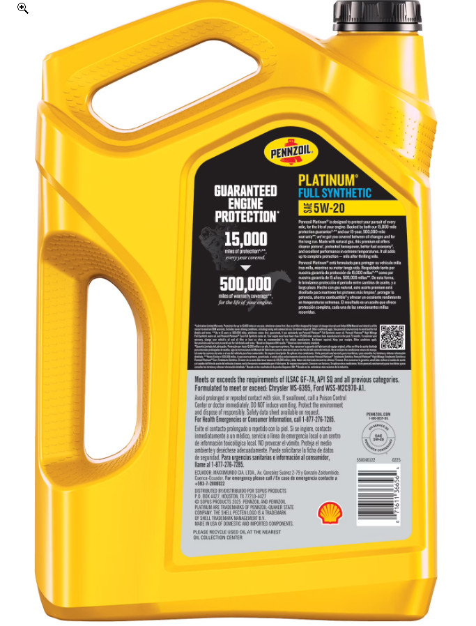 (2 pack) Pennzoil Platinum Full Synthetic 5W-20 Motor Oil, 5-Quart