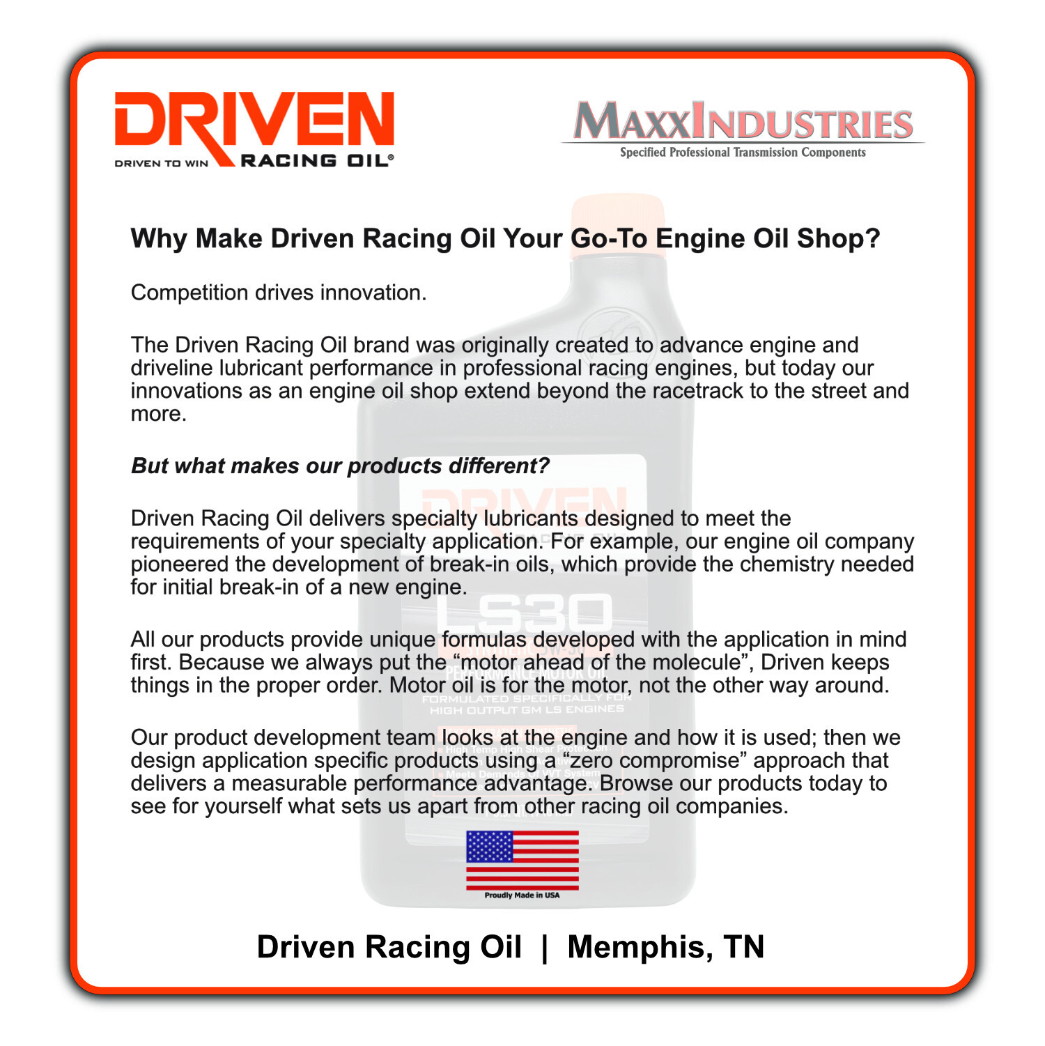 Driven Motor Oil – HR2 Hot Rod Oil – High Zinc – 10W30 – Conventional – 6 qt