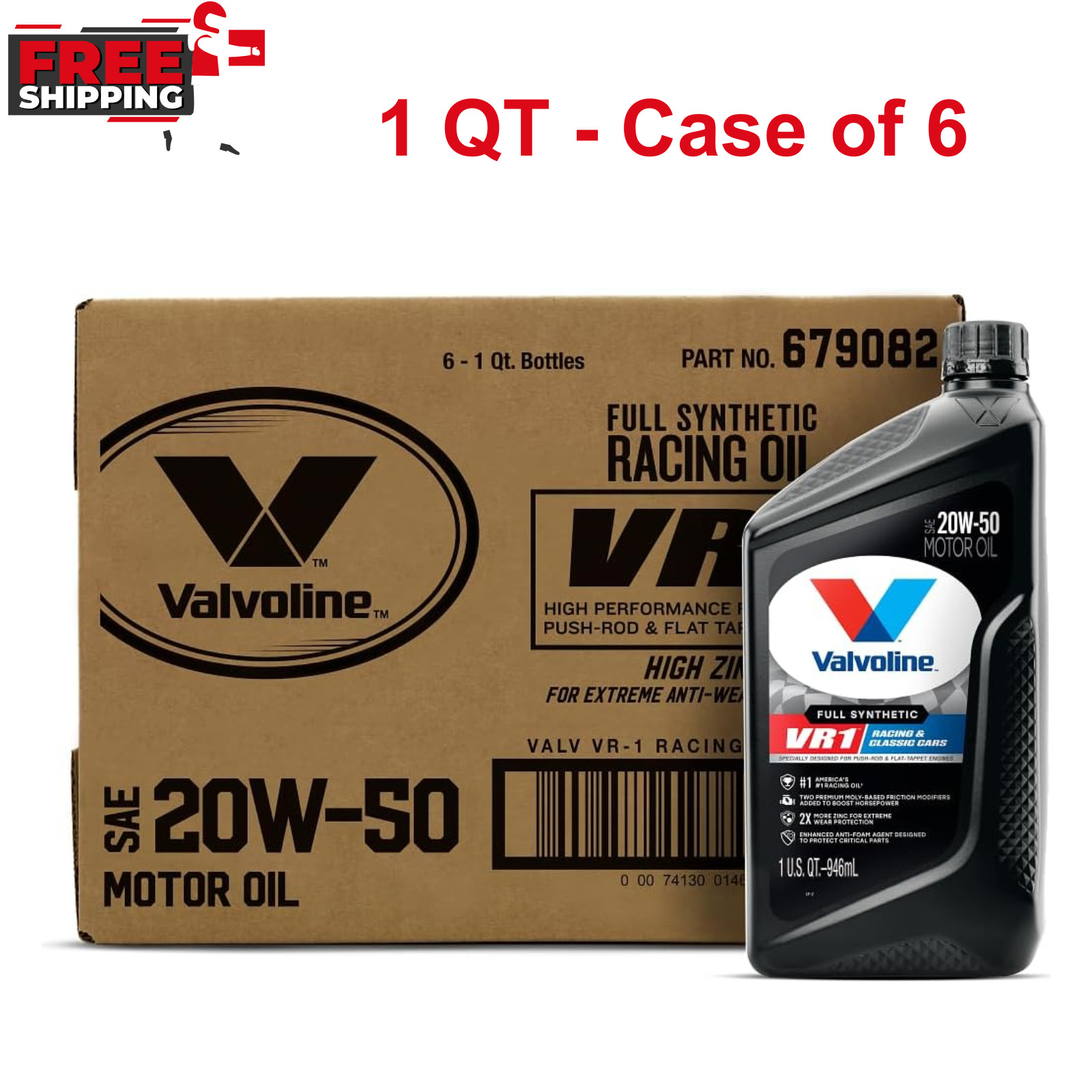 Valvoline VR1 Racing Synthetic SAE 20W-50 Motor Oil 1QT, Case of 6, 2X More Zinc
