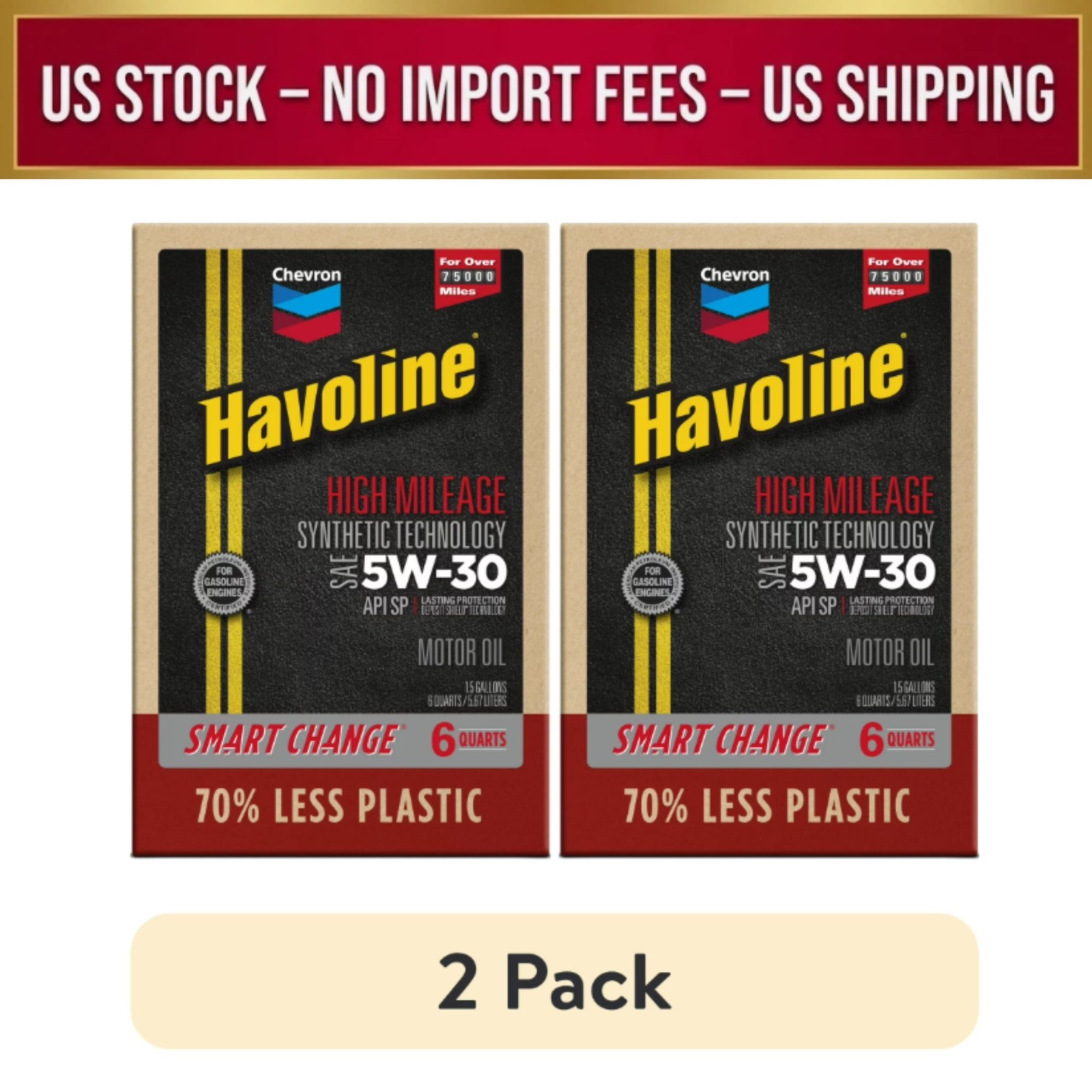 (2 pack) Chevron Havoline High Mileage Synthetic Technology Motor Oil 5W-30, 6qt