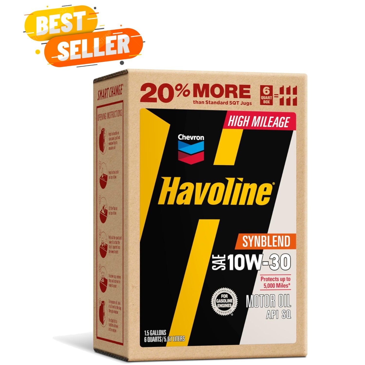 Chevron 10W-30 High Mileage Synthetic Oil, 6 Quarts Pouch for Engine Longevity