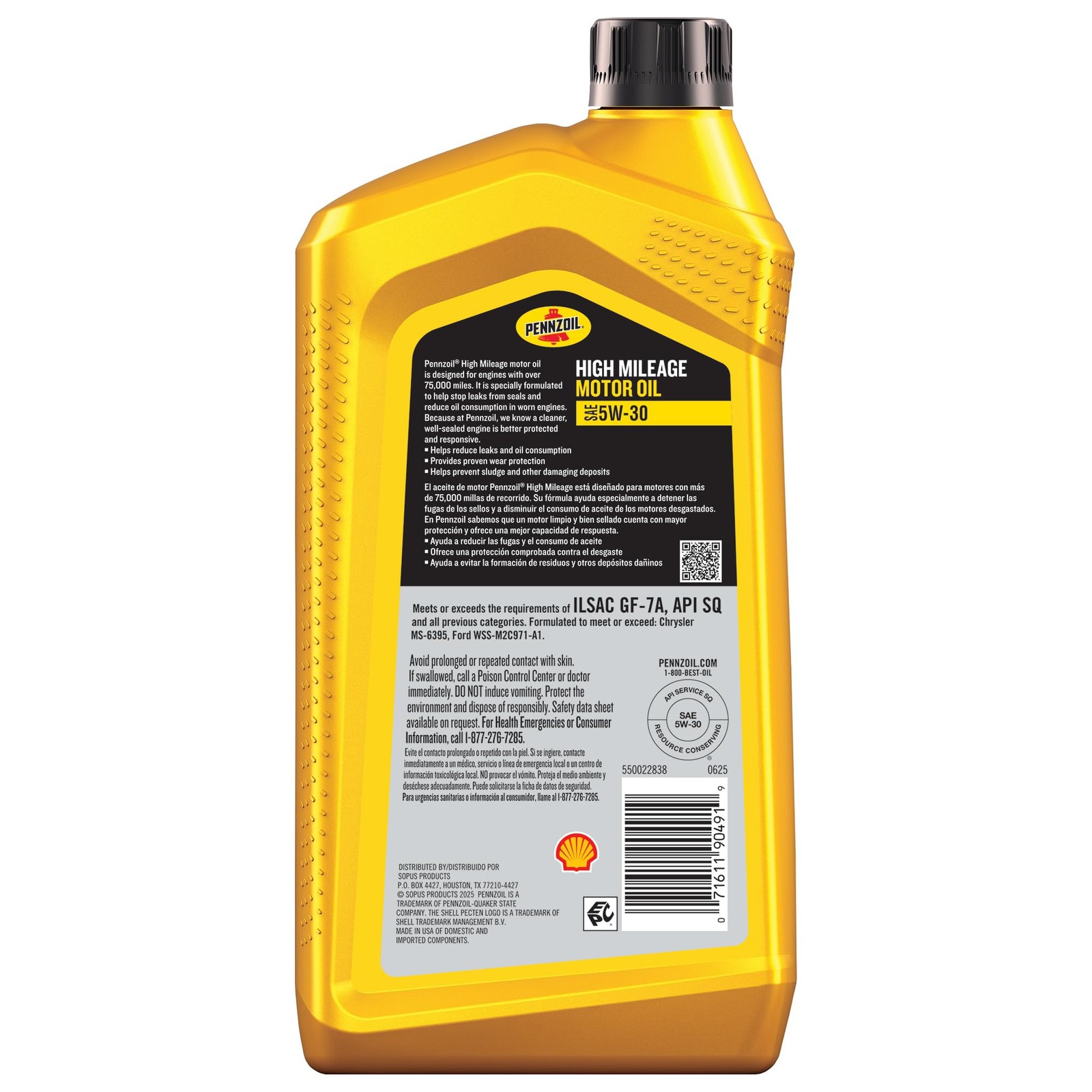 Pennzoil High Mileage 5W-30 Motor Oil, 1 Quart (6 Pack) 1 Quart, Amber/Brown