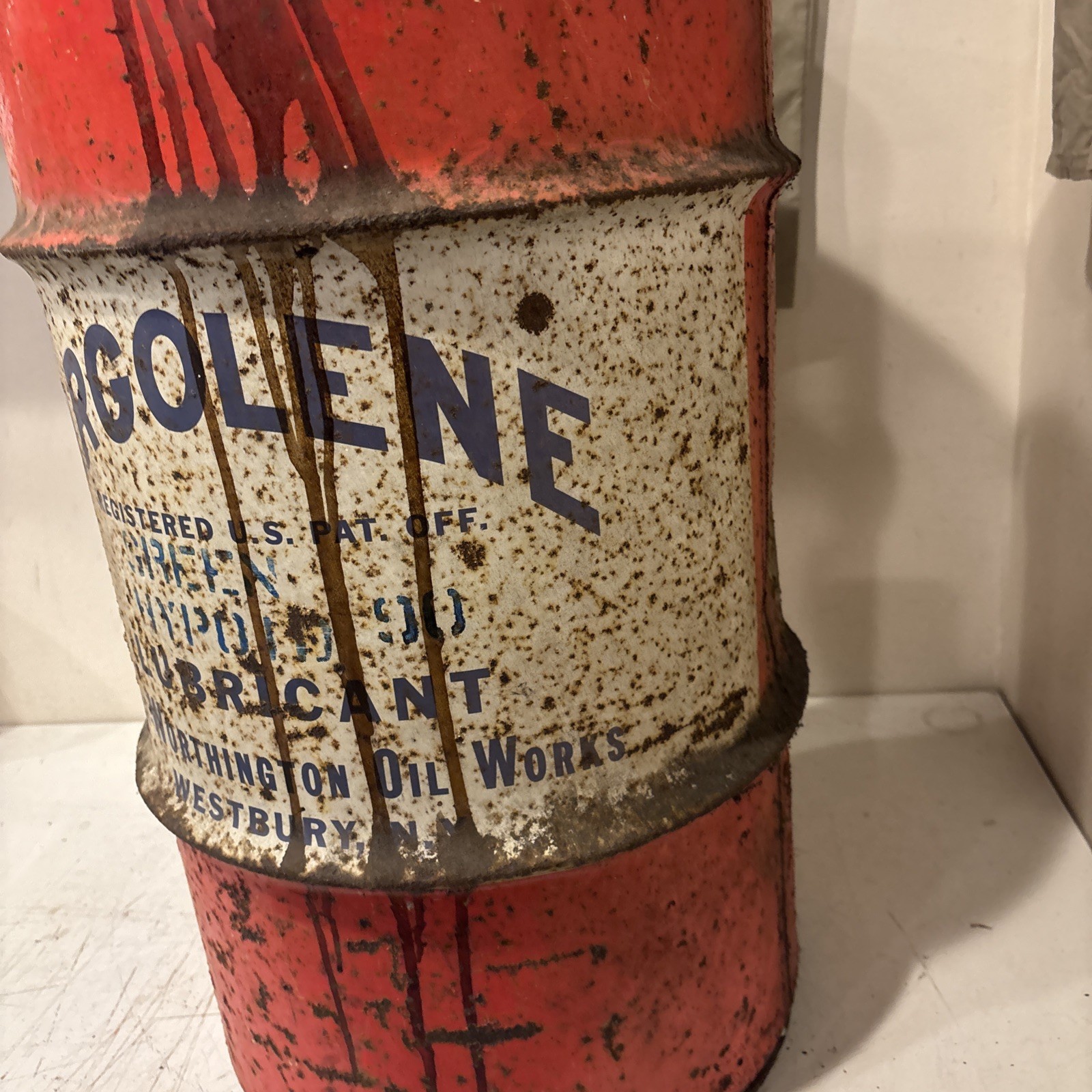Vintage Large ARGOLENE ARGOMATIC Oil Lubricant Westbury NY Barrel Can 27” High