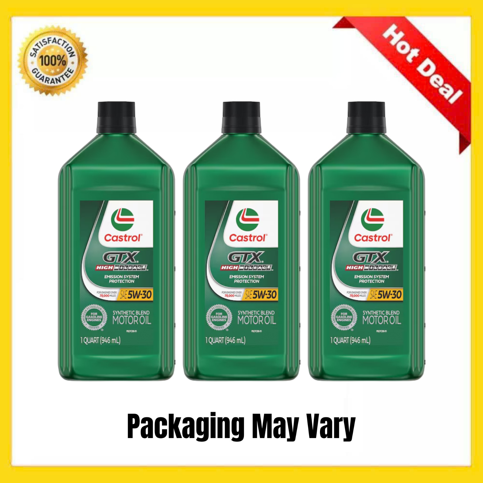 (3 Pack) Castrol GTX High Mileage 5W-30 Synthetic Blend Motor Oil 1 Quart Oil