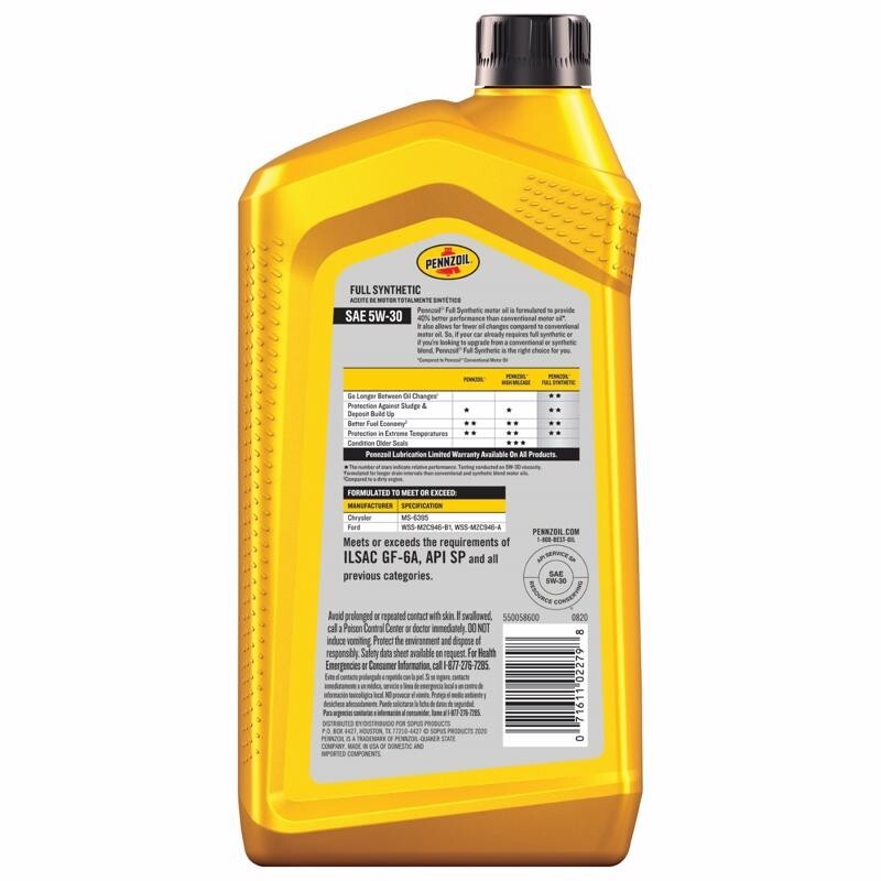 Pennzoil Full Synthetic Motor Oil SAE 5W-30 For Gasoline Engines 1 Quart 1 Pk