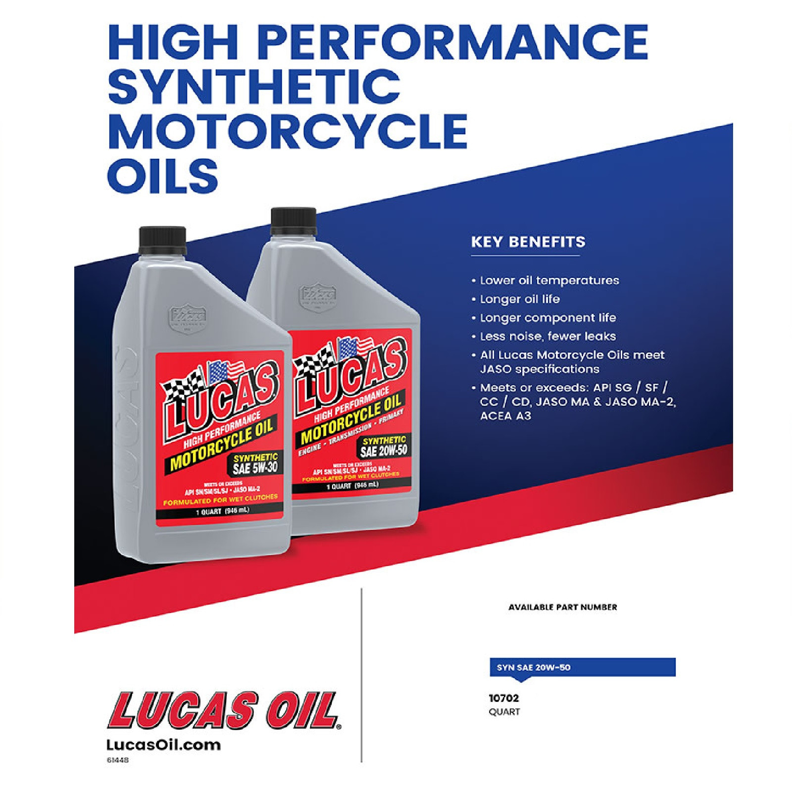 Lucas Oil 10702 Synthetic 20W-50 Motorcycle Engine Oil for Wet Clutches 12 Packs