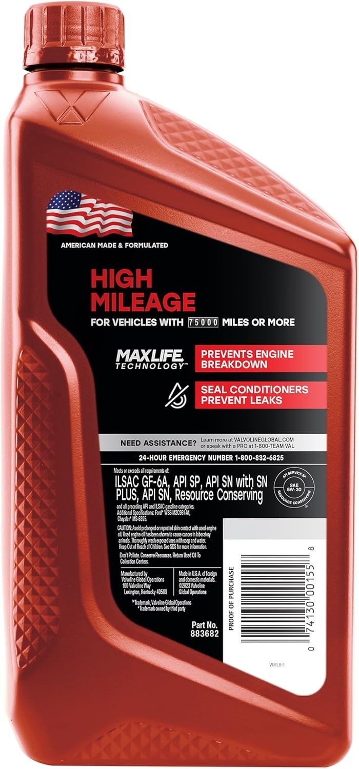 High Mileage 5W-30 Synthetic Blend Motor Oil with MaxLife Technology – 1 Qt