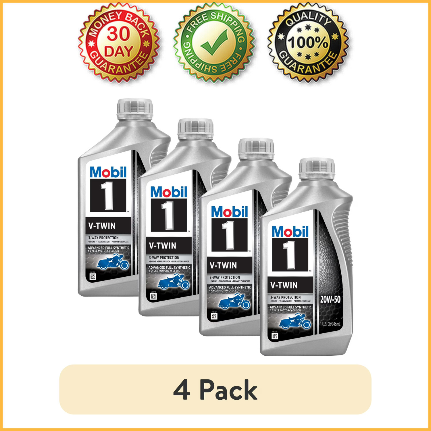 (4 pack) Mobil 1 V-Twin Full Synthetic Motorcycle Oil 20W-50, 1 Quart
