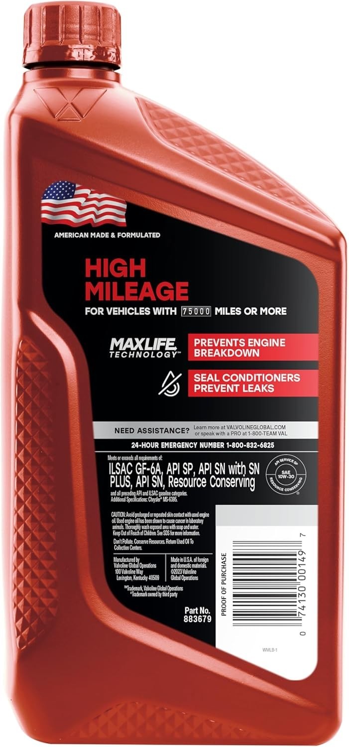 1 Quart High Mileage Motor Oil 10W-30 – MaxLife Technology for Engine Longevity