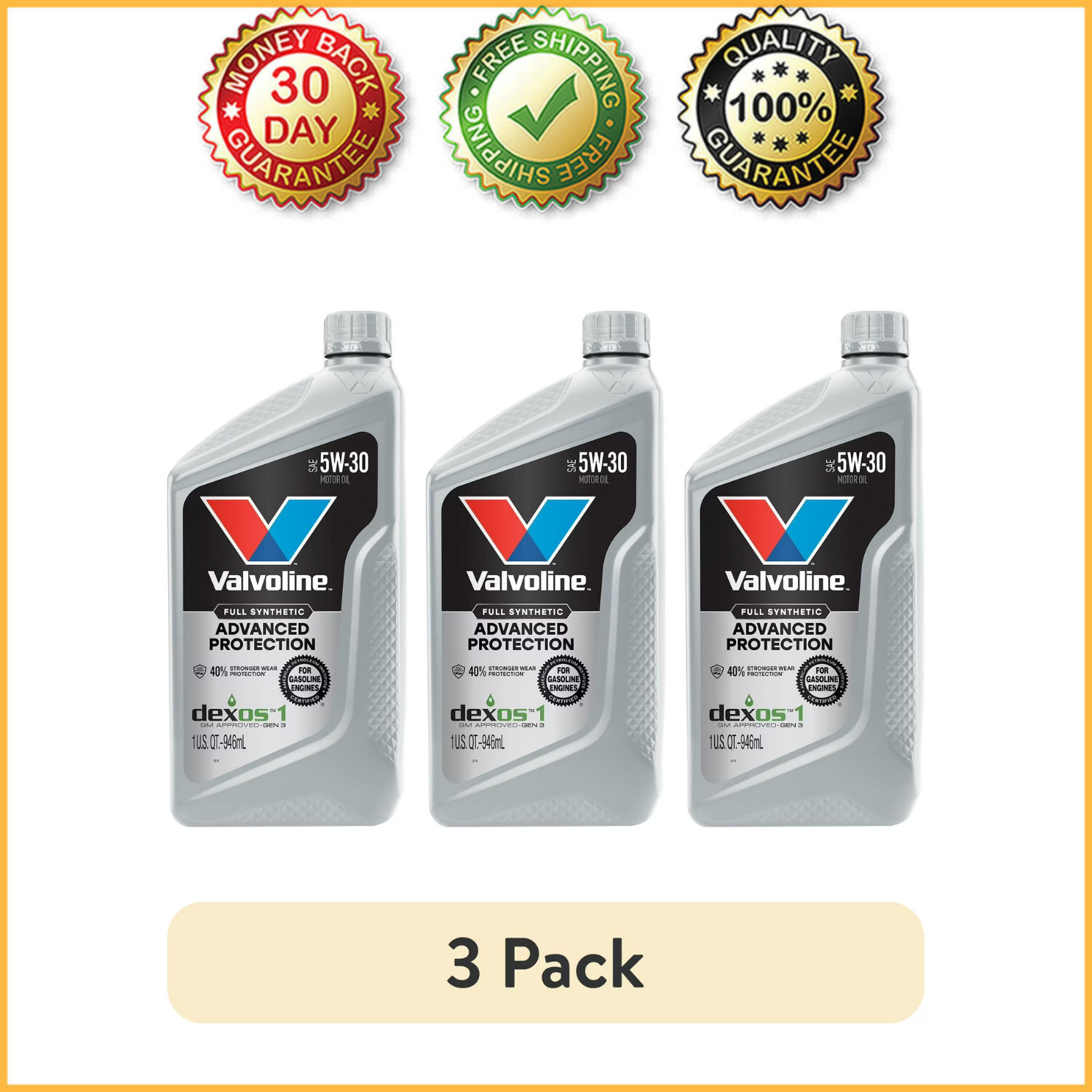 (3 pack) Valvoline Advanced Protection 5W-30 Full Synthetic Motor Oil 1 QT