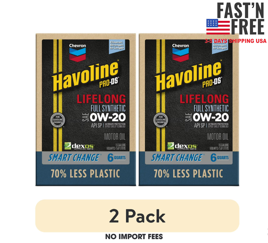 (2 pack) Chevron Havoline Lifelong 0W-20 Full Synthetic Motor Oil, 6 Quarts