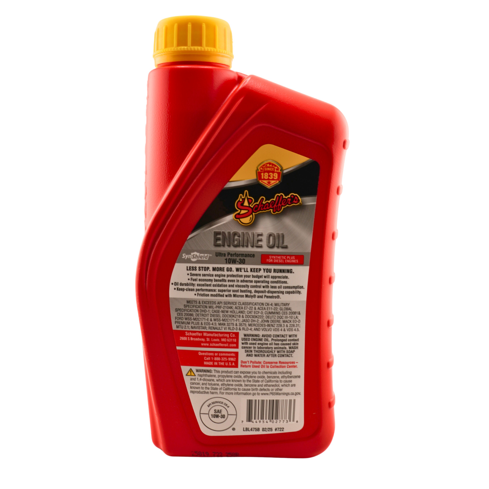Schaeffer’s 722 SynShield Ultra Performance 10W-30 Diesel Oil, 1 Qt. – 2 Pack