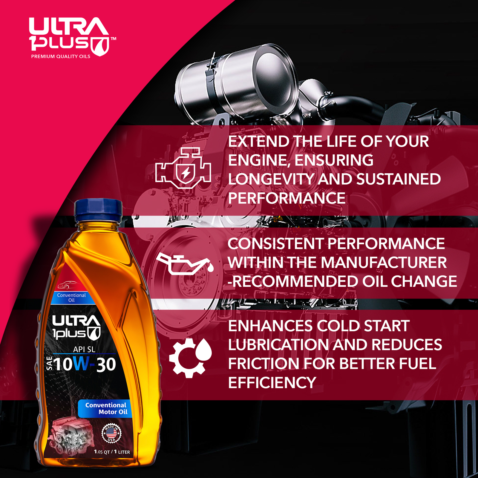Ultra1Plus SAE 10W-30 Conventional Motor Oil API SL (US Gallon – 4 QTS)