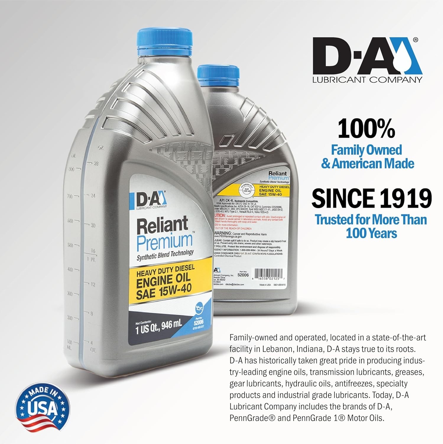 D-A Lubricant 52006, Reliant Premium Diesel Engine Oil SAE 15W-40, 1 Quart