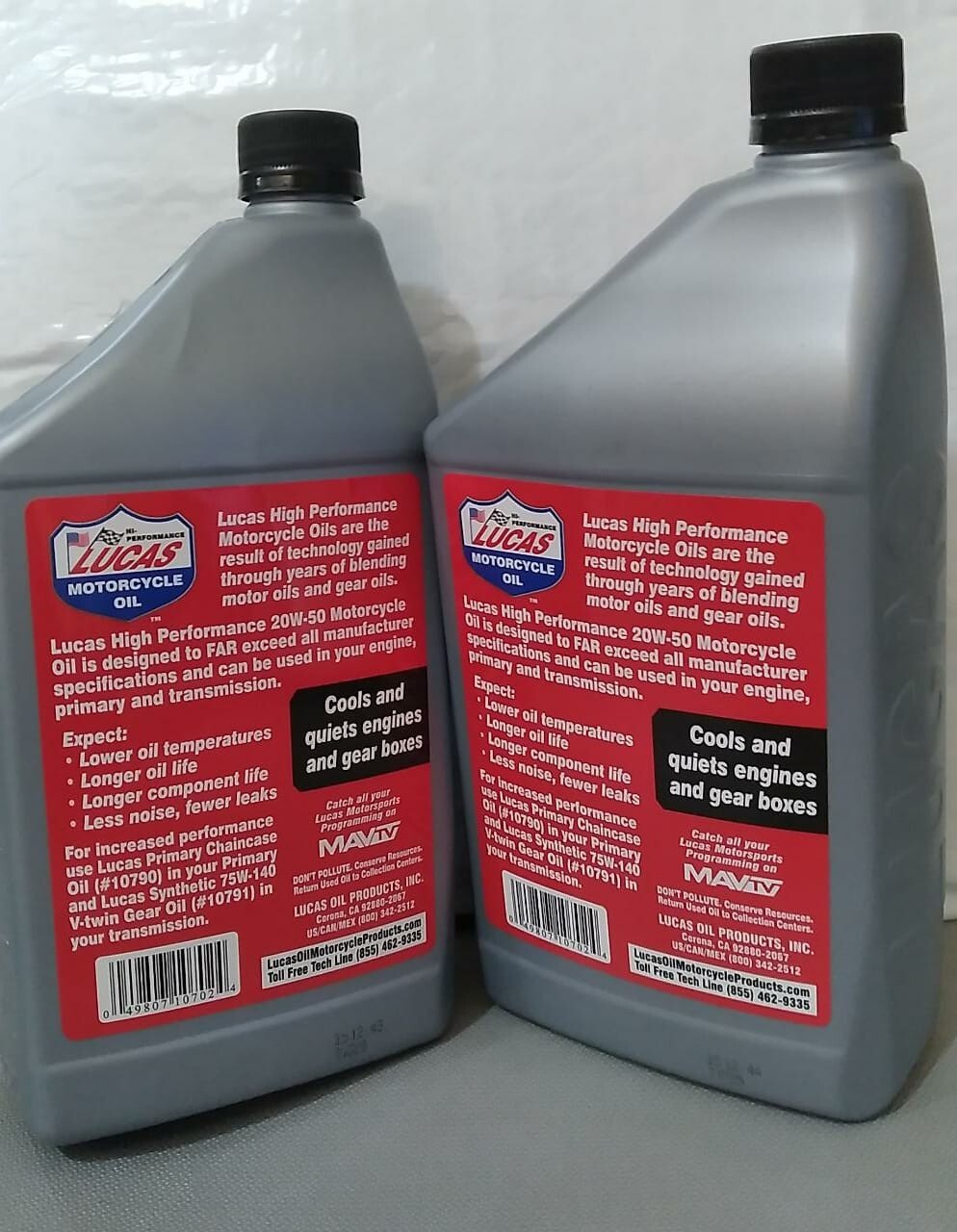 LUCAS OIL MOTORCYCLE SAE20W-50 1 QT ~ Lot of 2