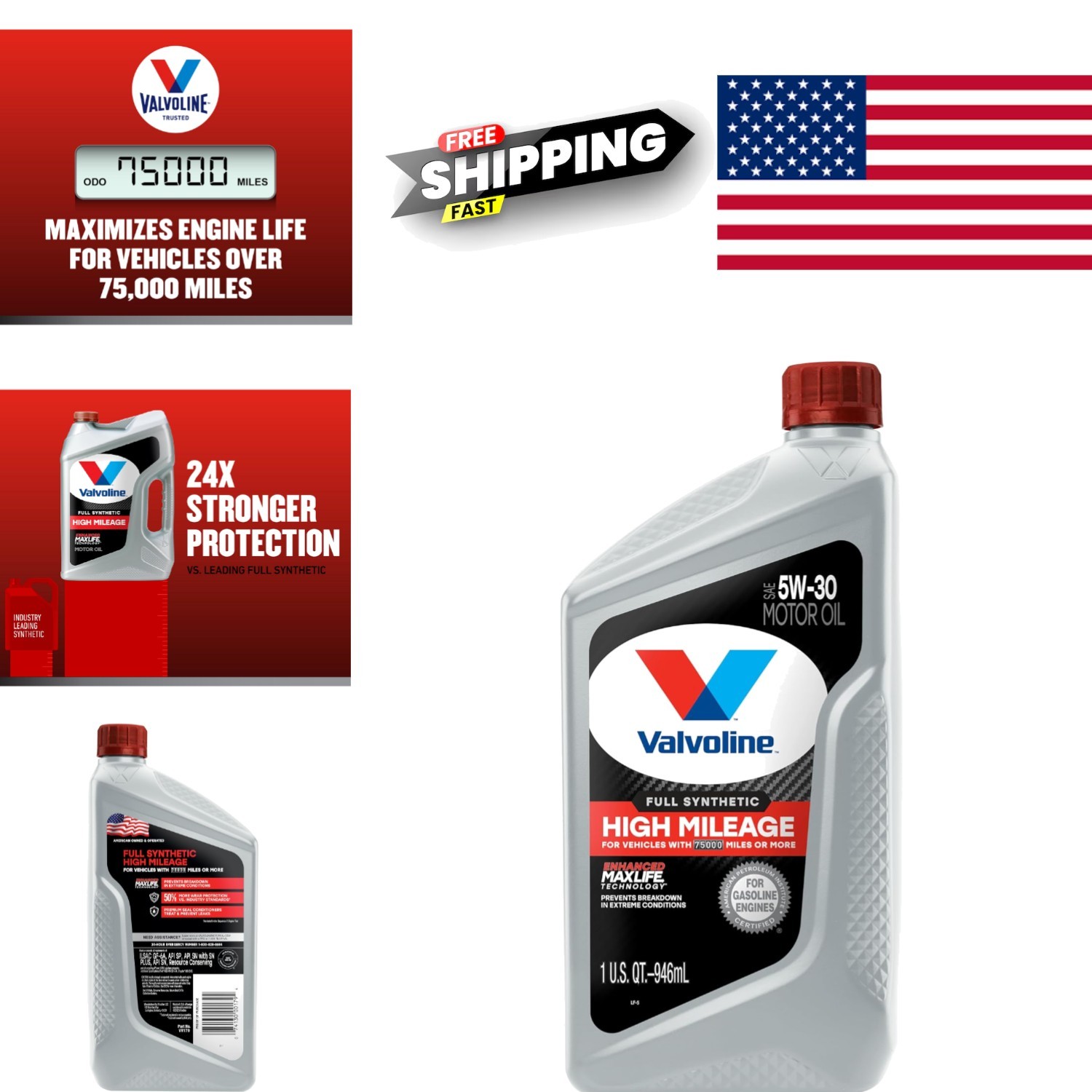 Full Synthetic 5W30 Motor Oil 1 Quart Superior Wear Protection for Older Cars