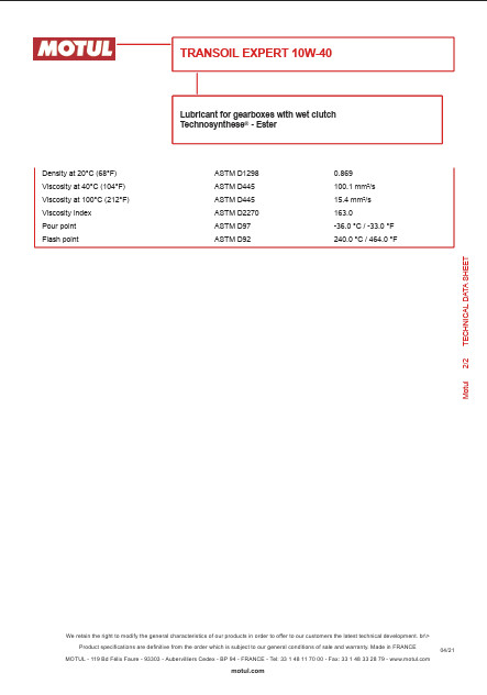 Motul 105895 Transoil Expert Synthetic Oil 10W40 1 Liter