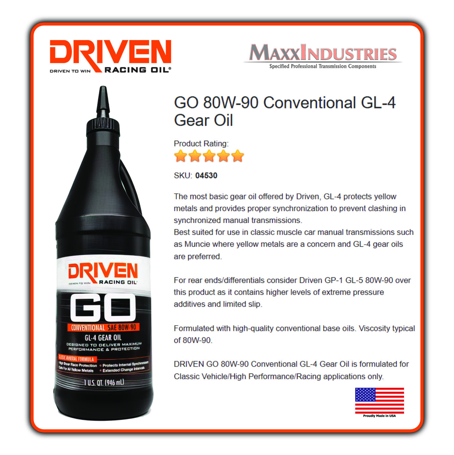 Driven Racing Oil Gear Oil – GL-4 – 80W90 – Conventional – 12 qt – Each 04530