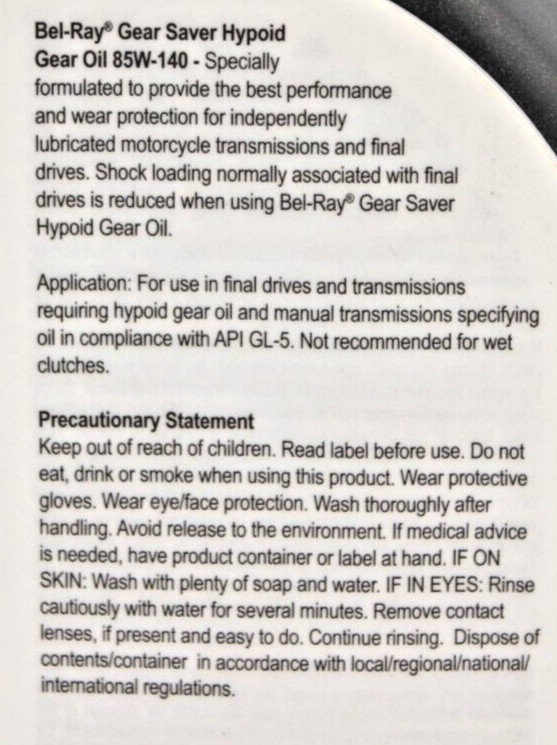 Bel-Ray Gear Saver Hypoid Gear Oil 85W-140 1 Liter 99234-B1LW for Motorcycles