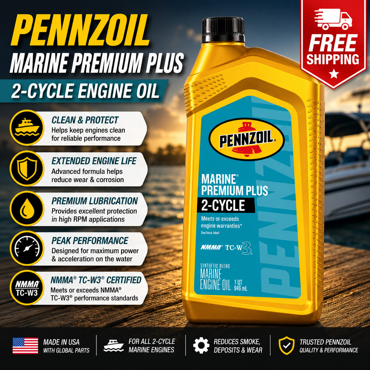 Pennzoil Marine Premium Plus 2-Cycle Synthetic Blend TC-W3 Engine Oil 1 Qt