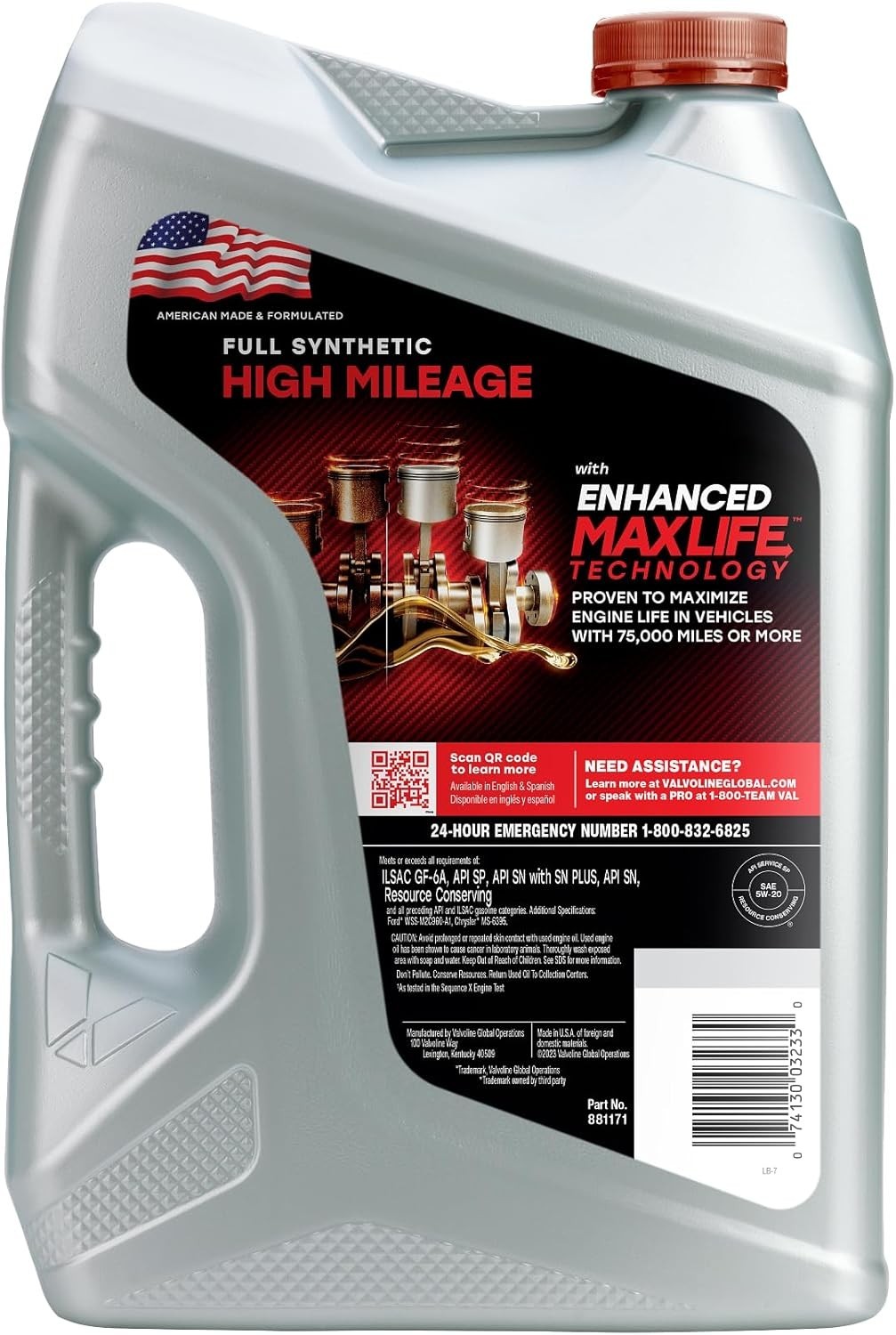 Full Synthetic High Mileage Motor Oil 5W-20 5 Quart MaxLife Technology