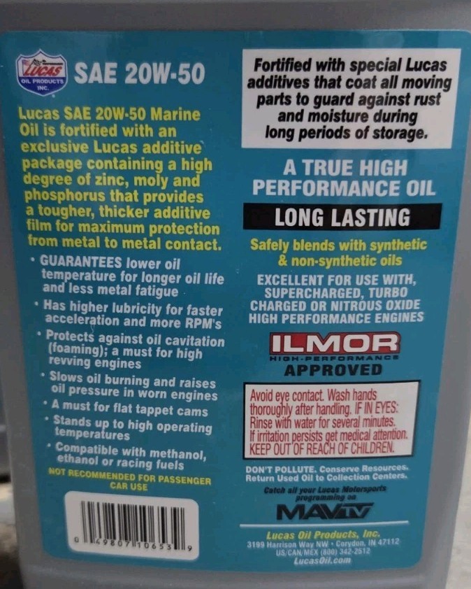 Lucas Marine 20W50 High Zinc Outboard engine motor Oil 6 Quarts