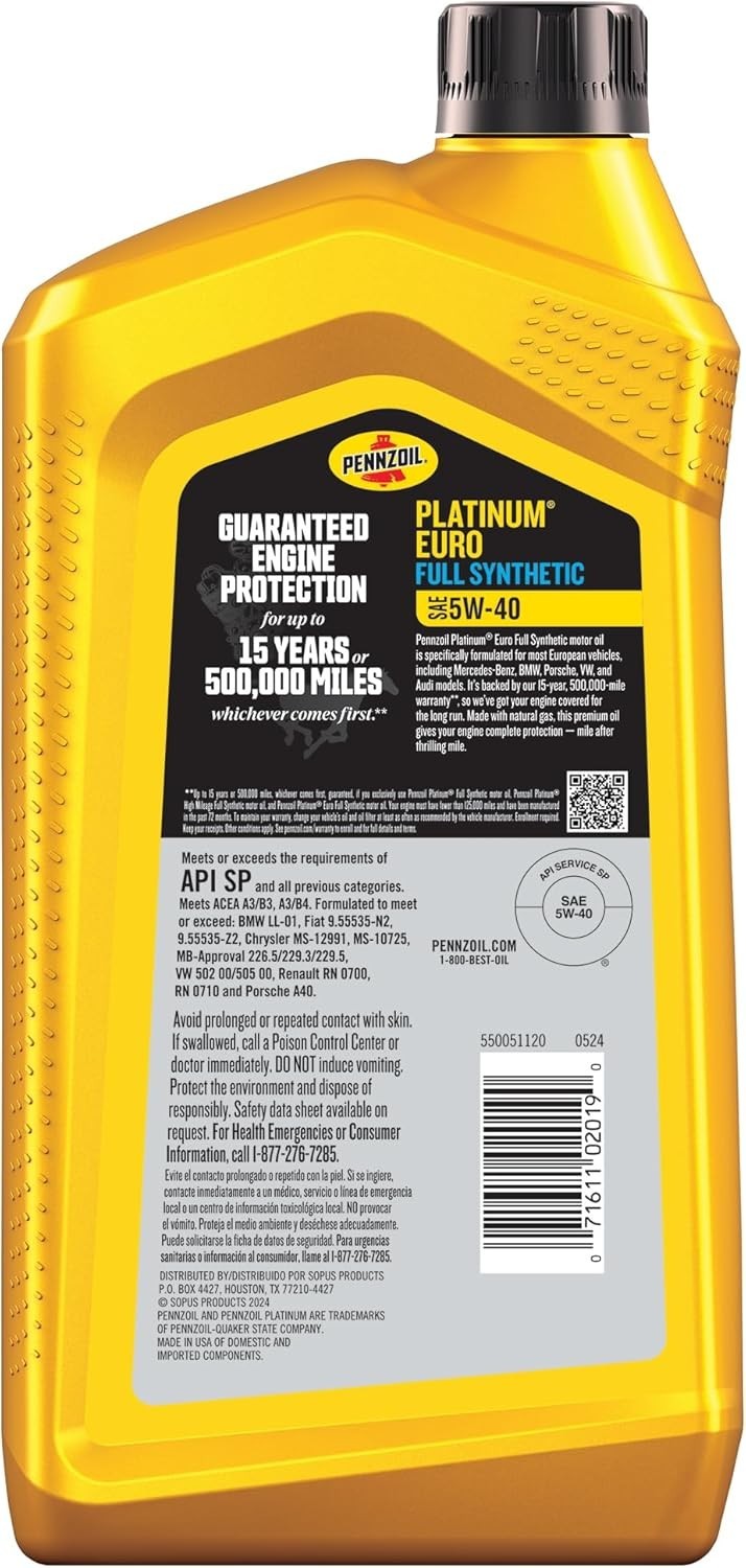 NEW! Pennzoil Platinum Euro Full Synthetic 5W-40 Motor Oil (1-Quart, Case of 6)
