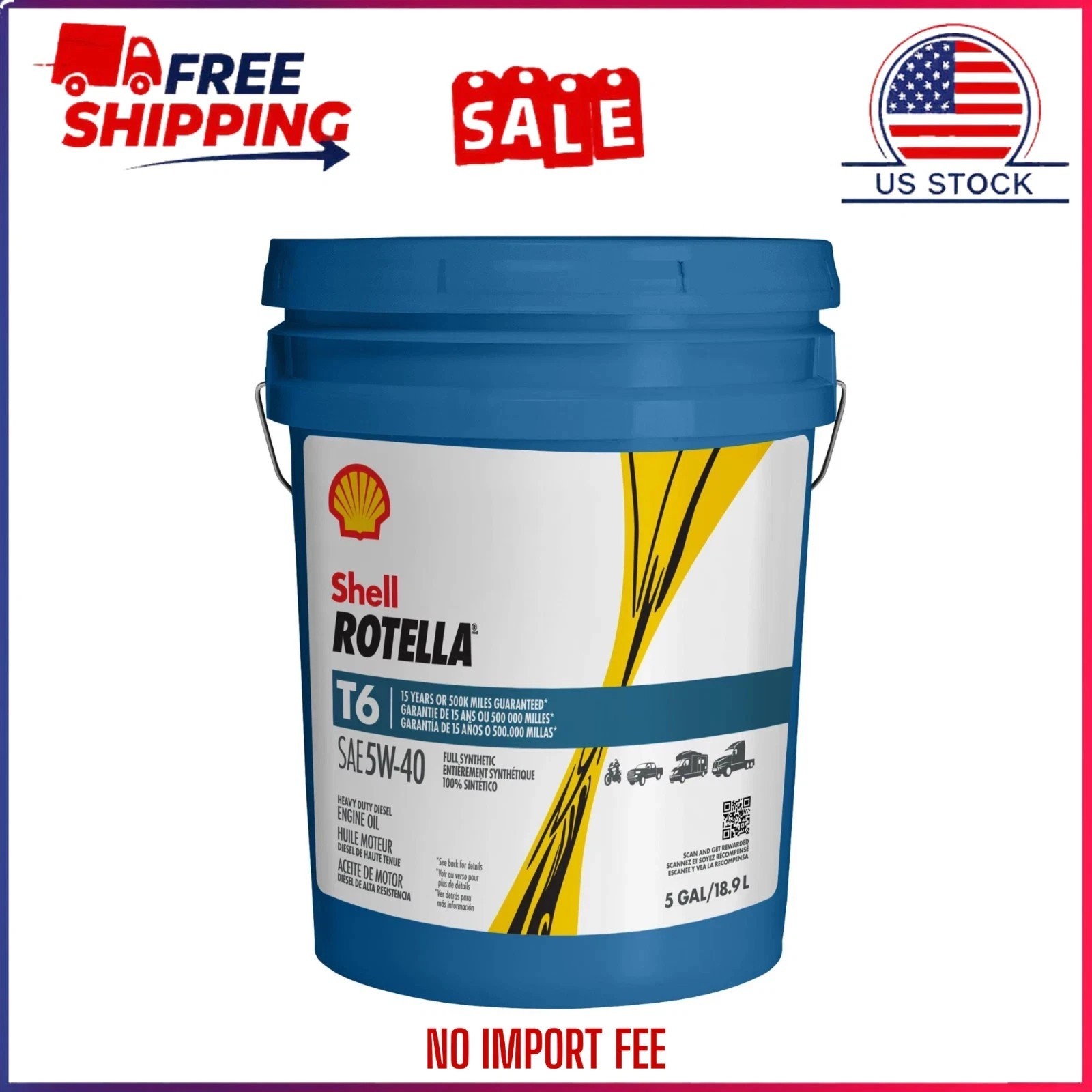 Shell ROTELLA T6 Diesel Engine Full Synthetic 5W-40 Motor Oil 5 Gallon