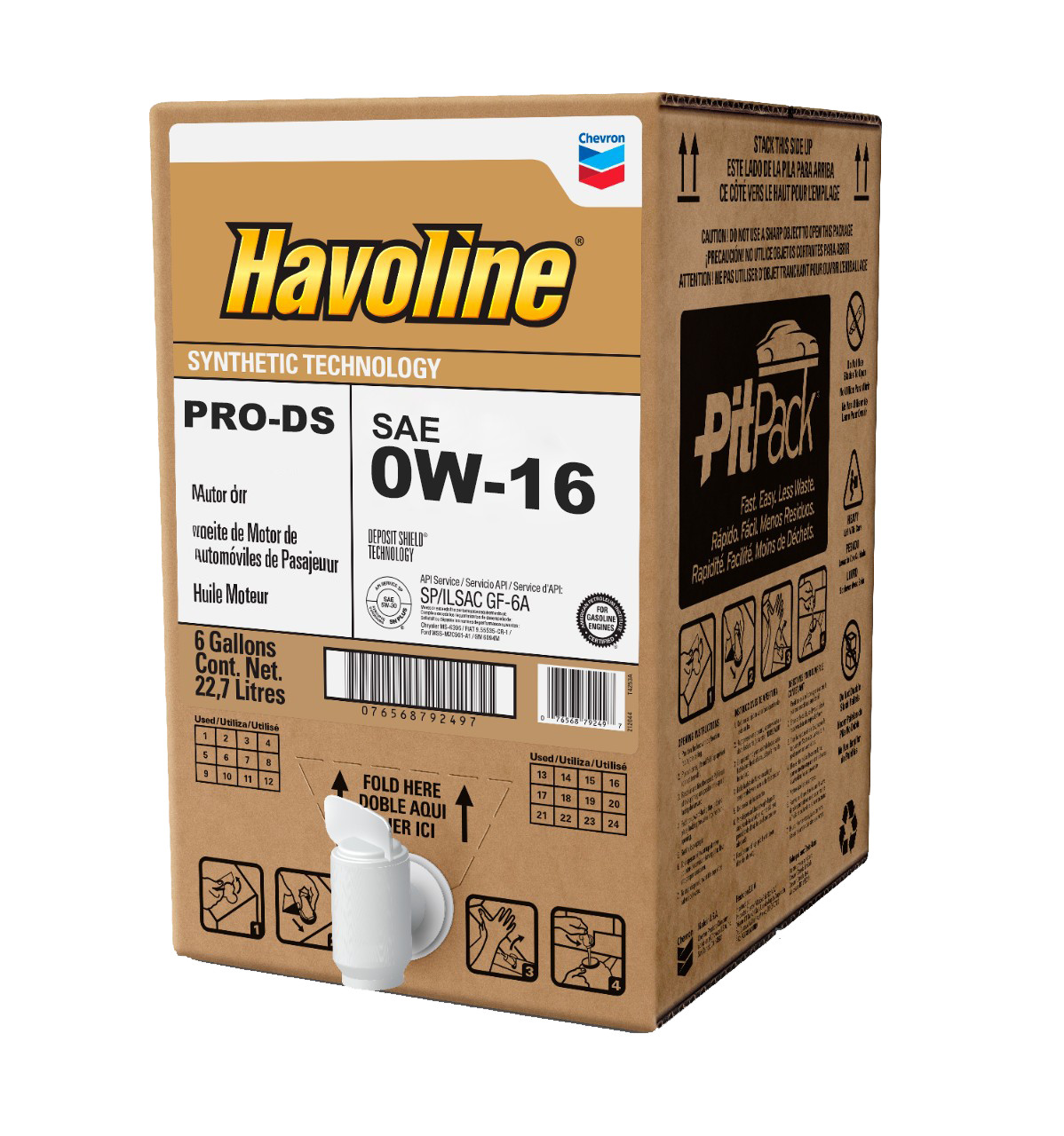 Chevron Havoline Pro DS 0W-16 Full Synthetic Motor Oil, 1-6 Gallon PitPack Box