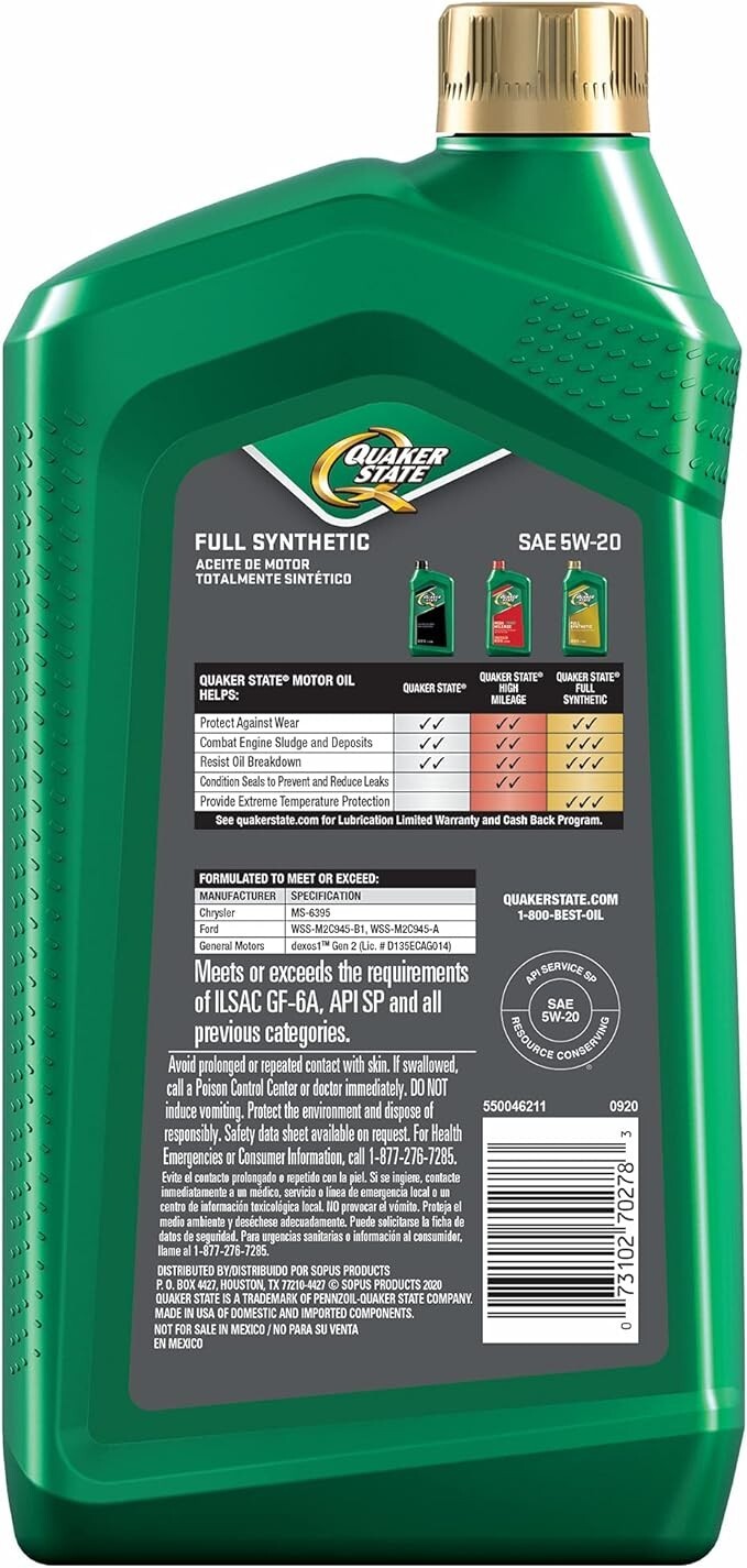 Quaker State Gen 3 Full Synthetic Dexos 5W-20 Motor Oil (1-Quart, Case of 6)