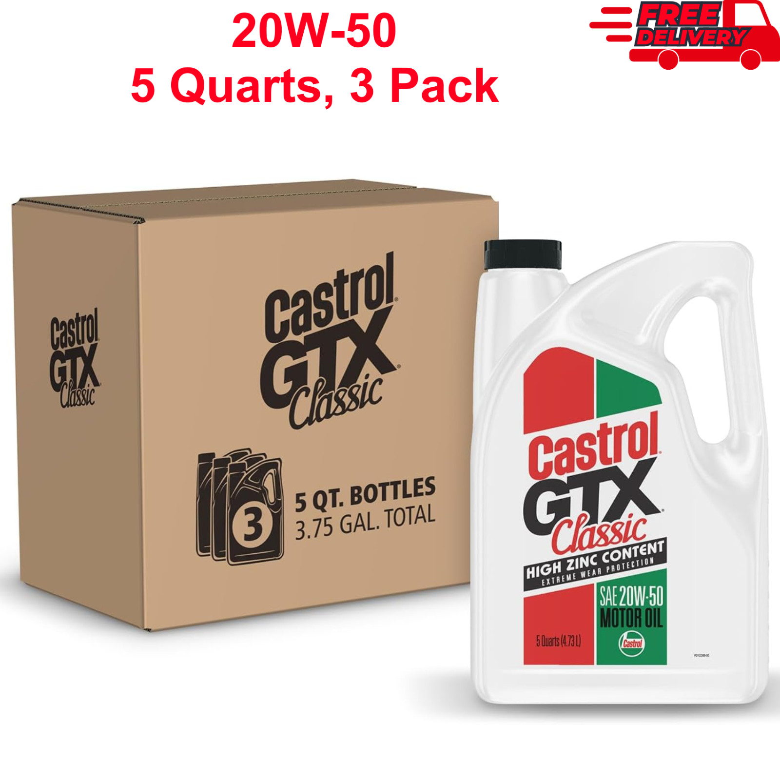 Castrol GTX Classic 20W-50 Conventional Motor Oil, 5 Quart, Pack of 3, High Zinc