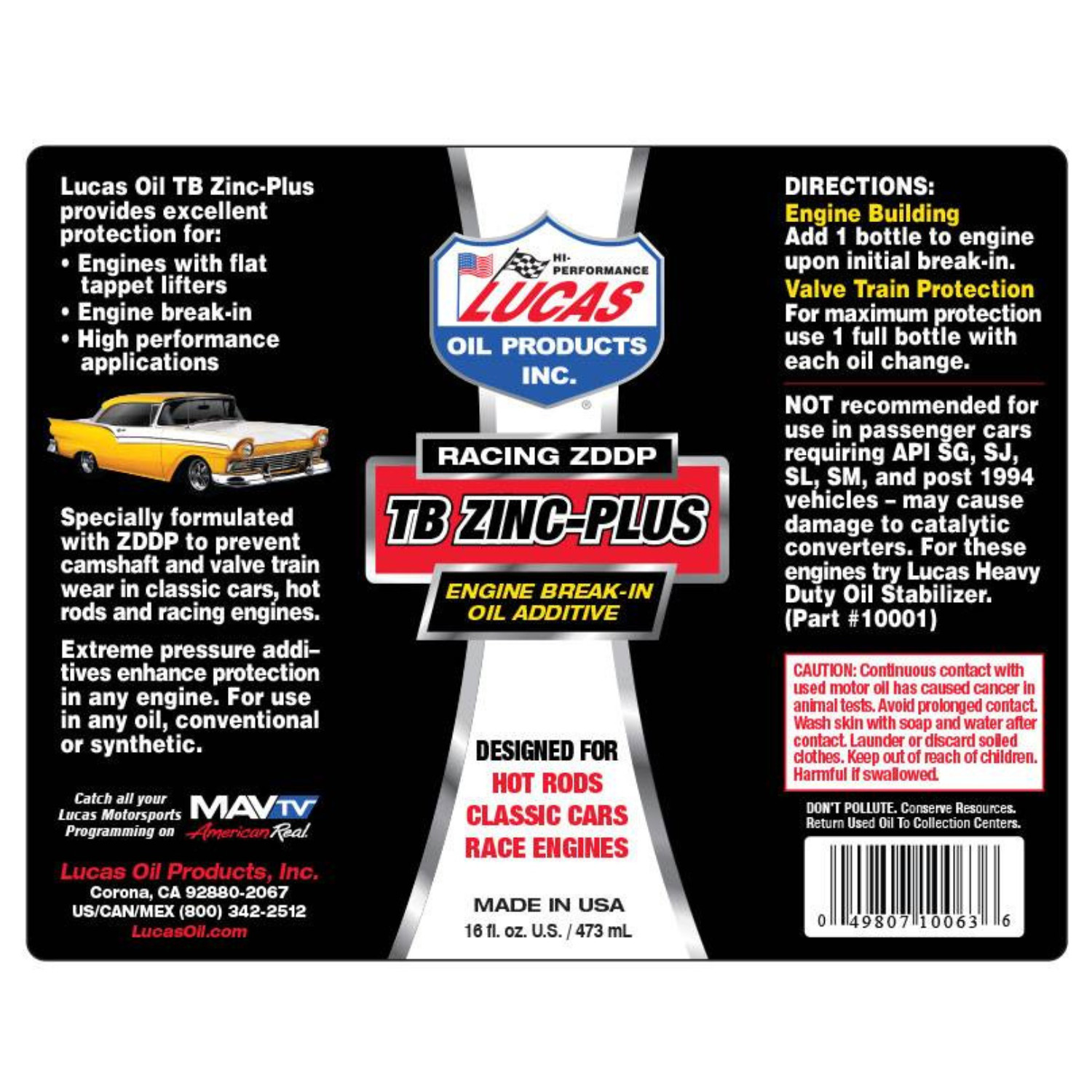 Lucas Oil 10063 TB Zinc-Plus Engine Break-In Oil Additive 16 oz (Pack of 4)