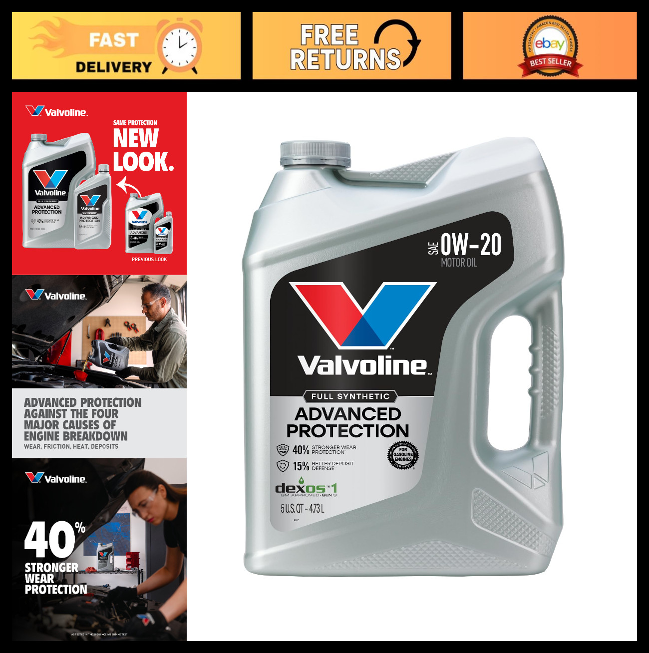 Full Synthetic 0W-20 Motor Oil, Advanced Engine Protection, 5 Quart, High Mileag