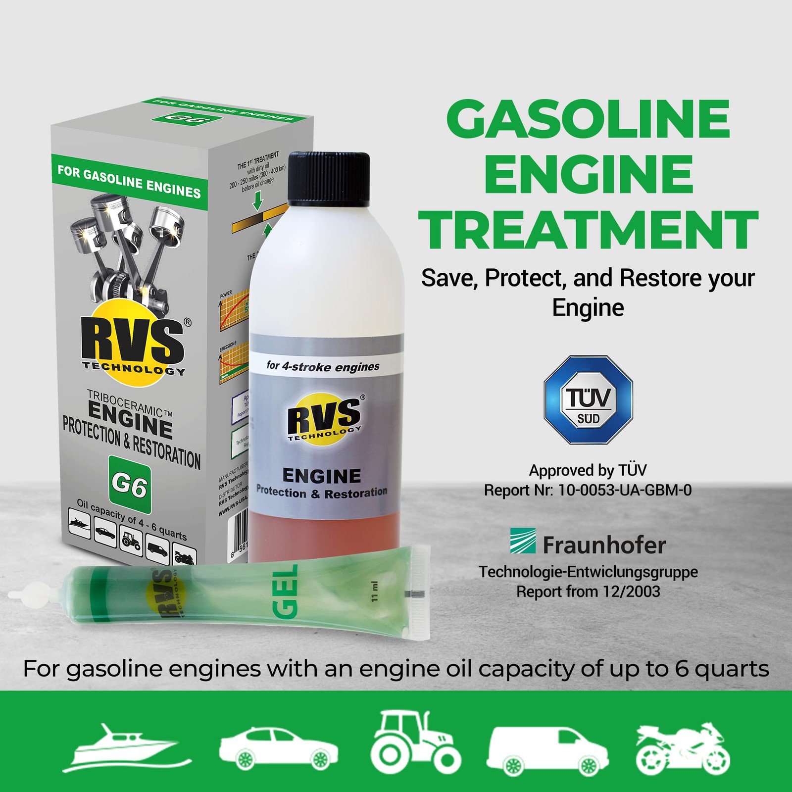 G6 Engine oil Treatment; For Gasoline Engines with a 6 Qts