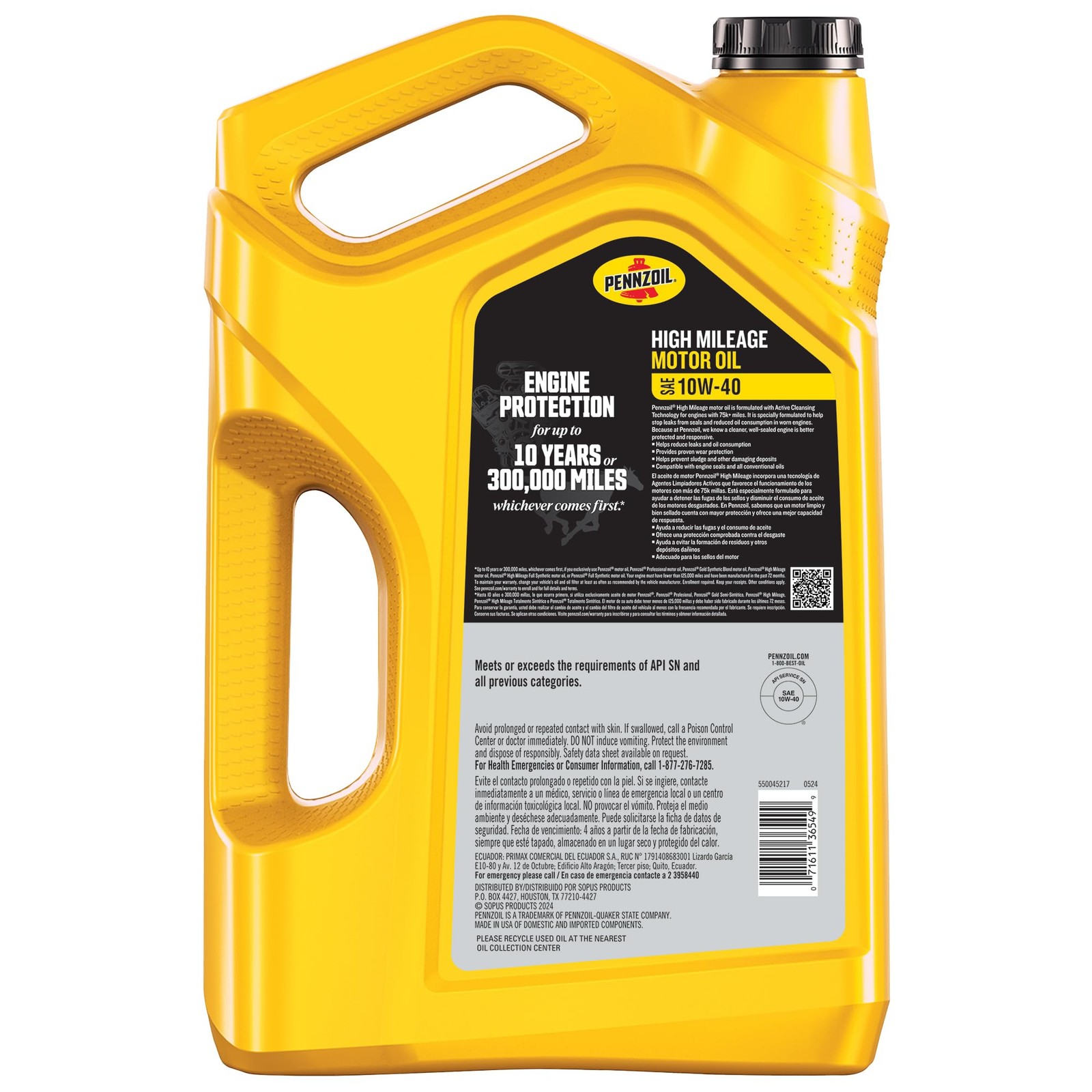 Pennzoil High Mileage 10W-40 Motor Oil, 5 Quart 5 Quart, Amber