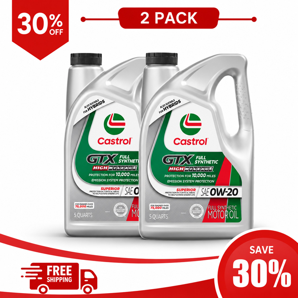 [BIG DEAL] 2 Pack Castrol GTX Full Synthetic High Mileage 0W-20 Motor Oil 5 QT