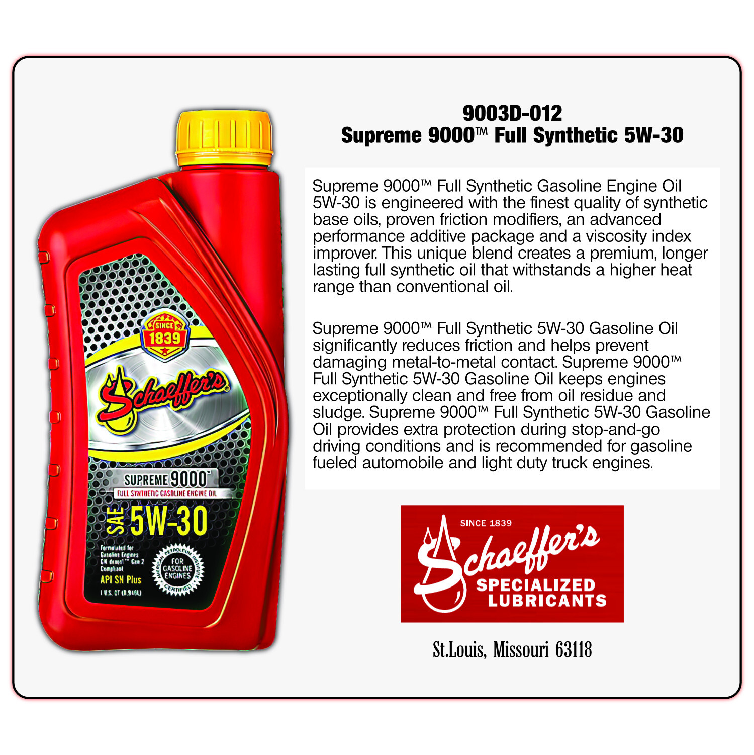 Schaeffer Motor Oil Supreme 9000™ Full Synthetic 5W-30 12Qt (9003D-012)