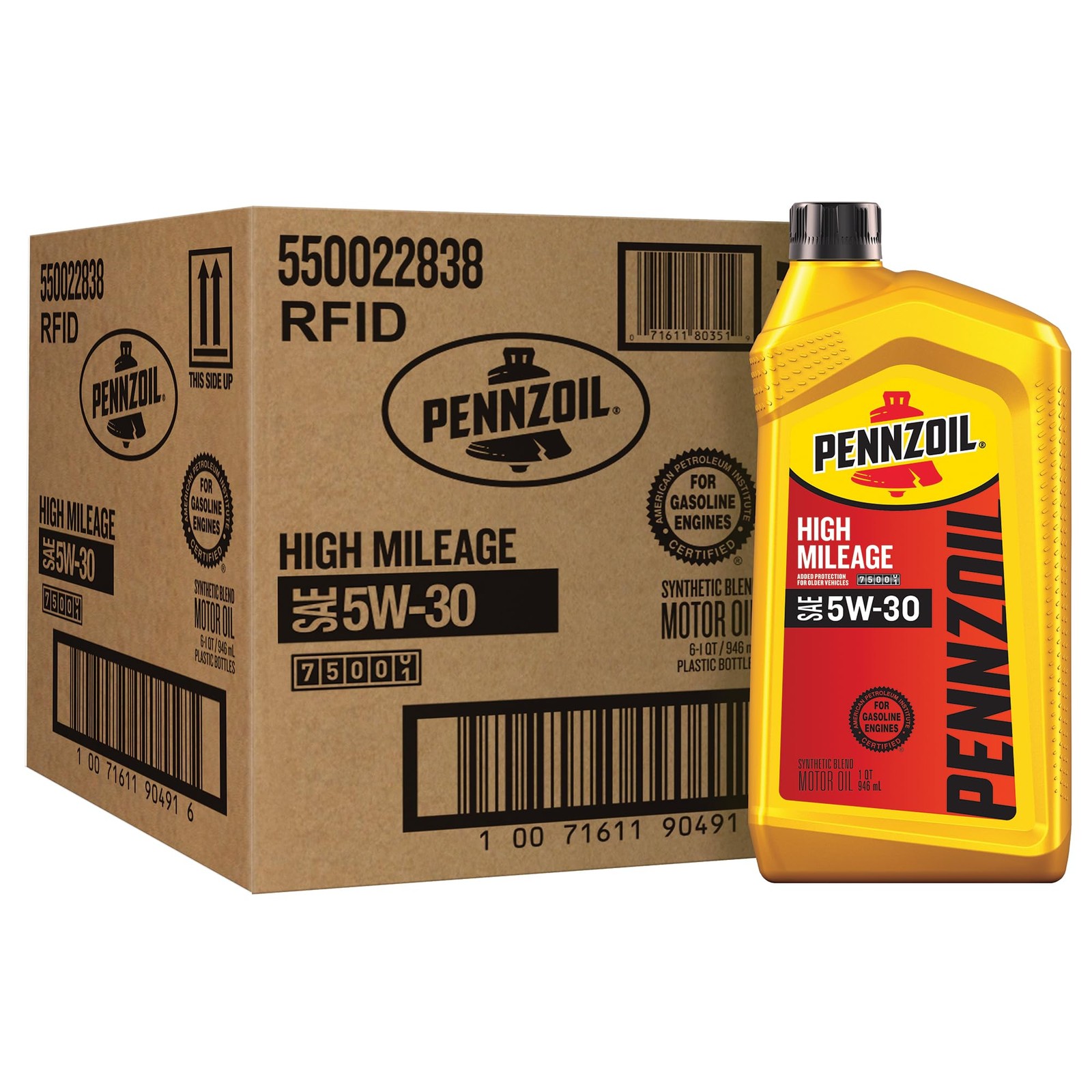 Pennzoil High Mileage 5W-30 Motor Oil, 1 Quart (6 Pack) 1 Quart, Amber/Brown