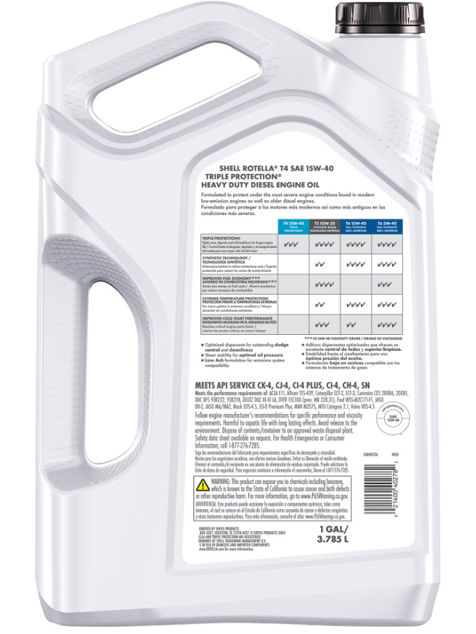 (2 pack) Shell Rotella T4 Triple Protection 15W-40 Diesel Engine Oil, 1 Gallon