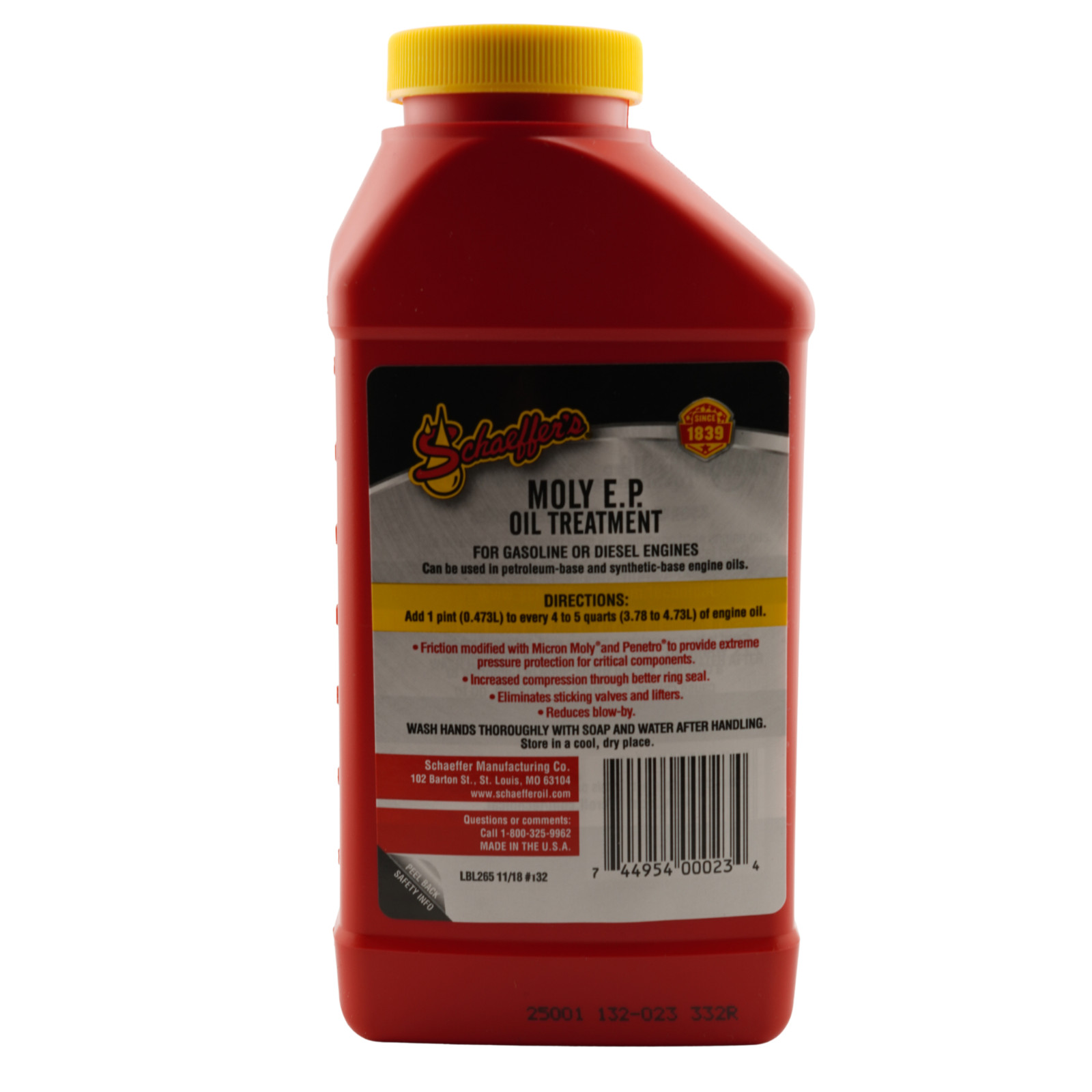 Schaeffer’s 0132-023 Moly EP Oil Treatment Engine Additive 1 Pint – Pack of 4